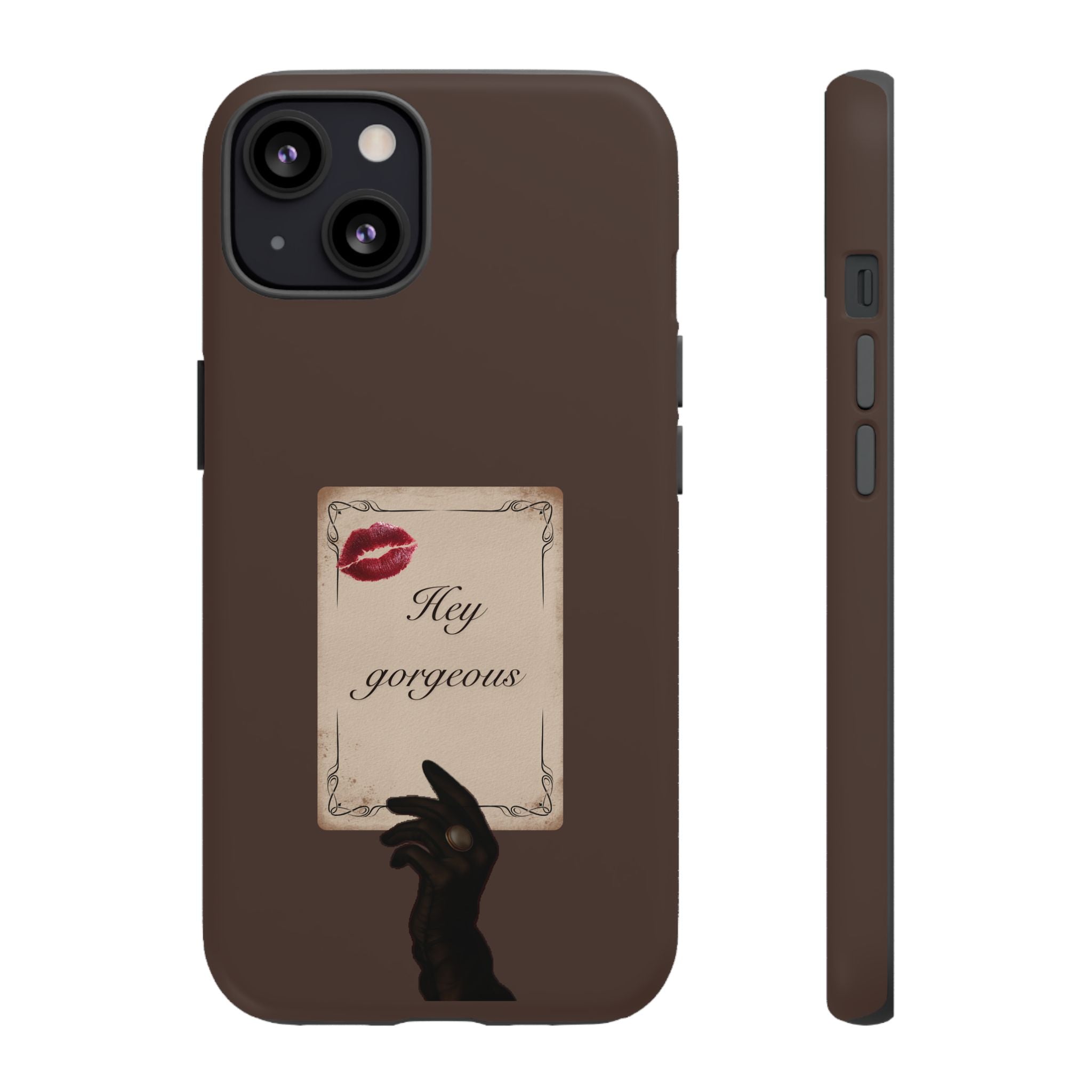 Hey Gorgeous Phone Case — Brown Lip Print & Shadow Hand Protective Cover