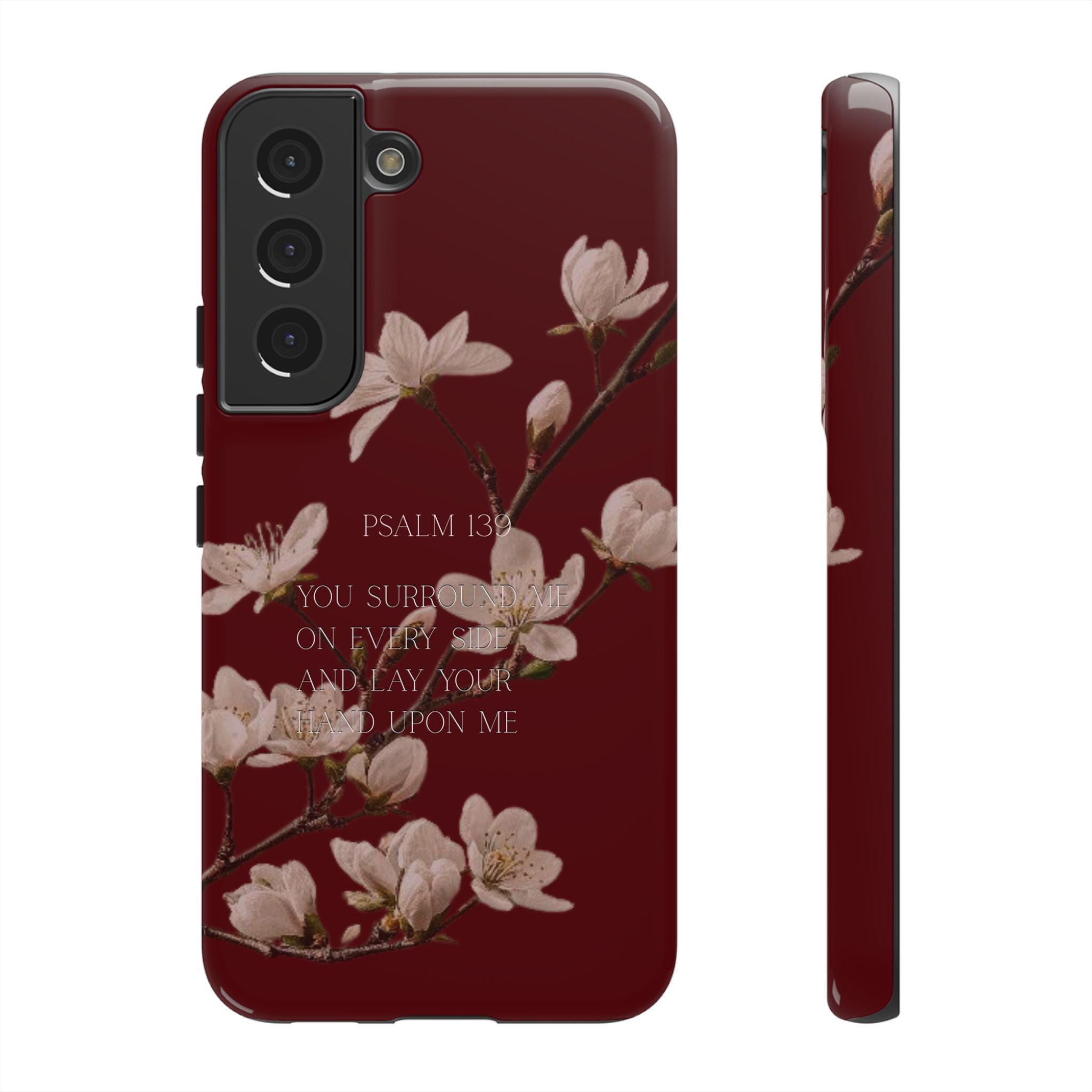 Floral Psalm Tough Phone Case — Burgundy Magnolia Branch with Psalm 139 Verse