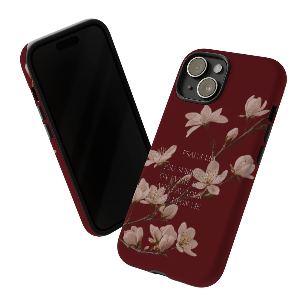 Floral Psalm Tough Phone Case — Burgundy Magnolia Branch with Psalm 139 Verse