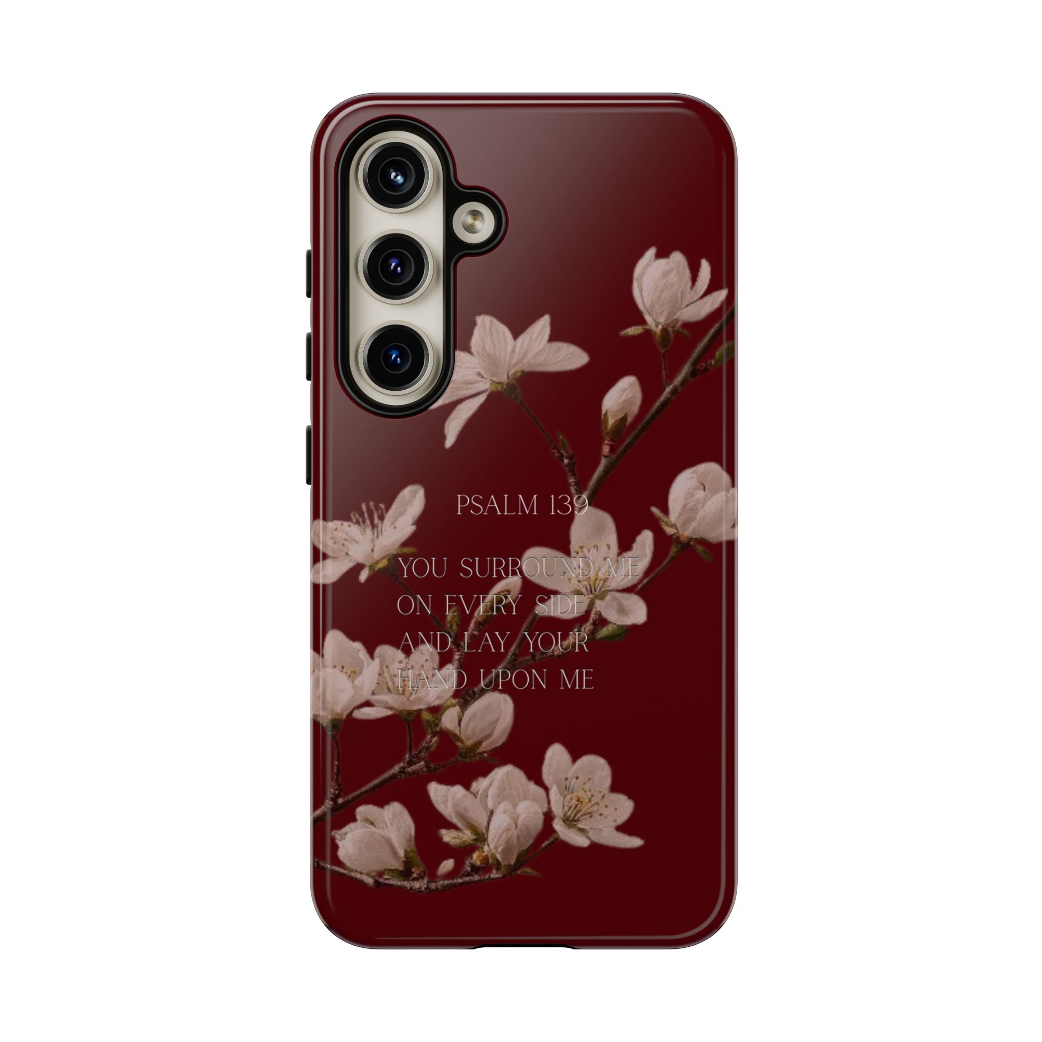 Floral Psalm Tough Phone Case — Burgundy Magnolia Branch with Psalm 139 Verse