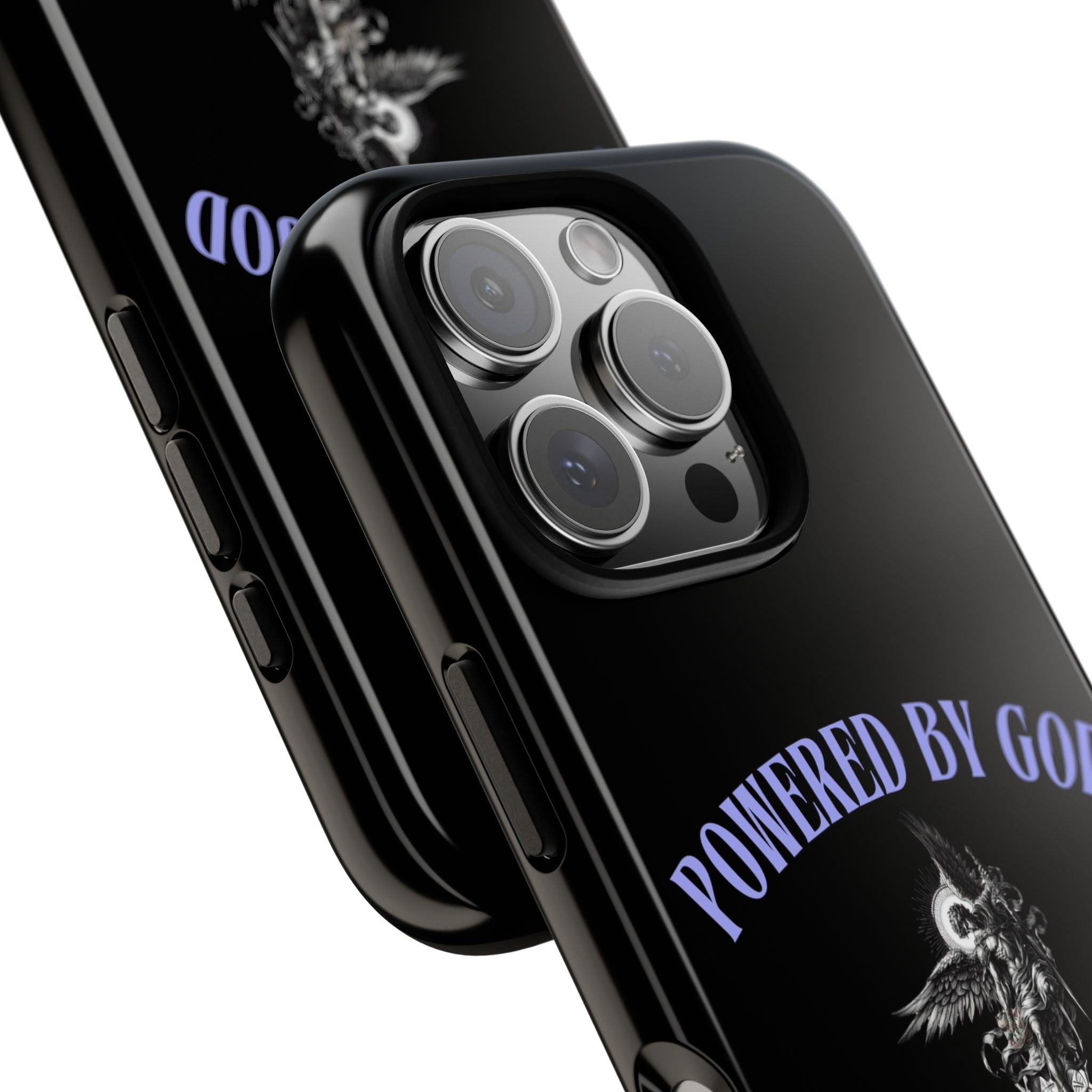 Phone Case — "Powered by God" Black Protective Case with Angelic Skull Design