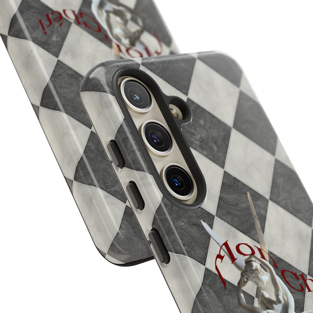 Phone Case — Vintage Harlequin Design with 'Mon Cheri' Statue Accent