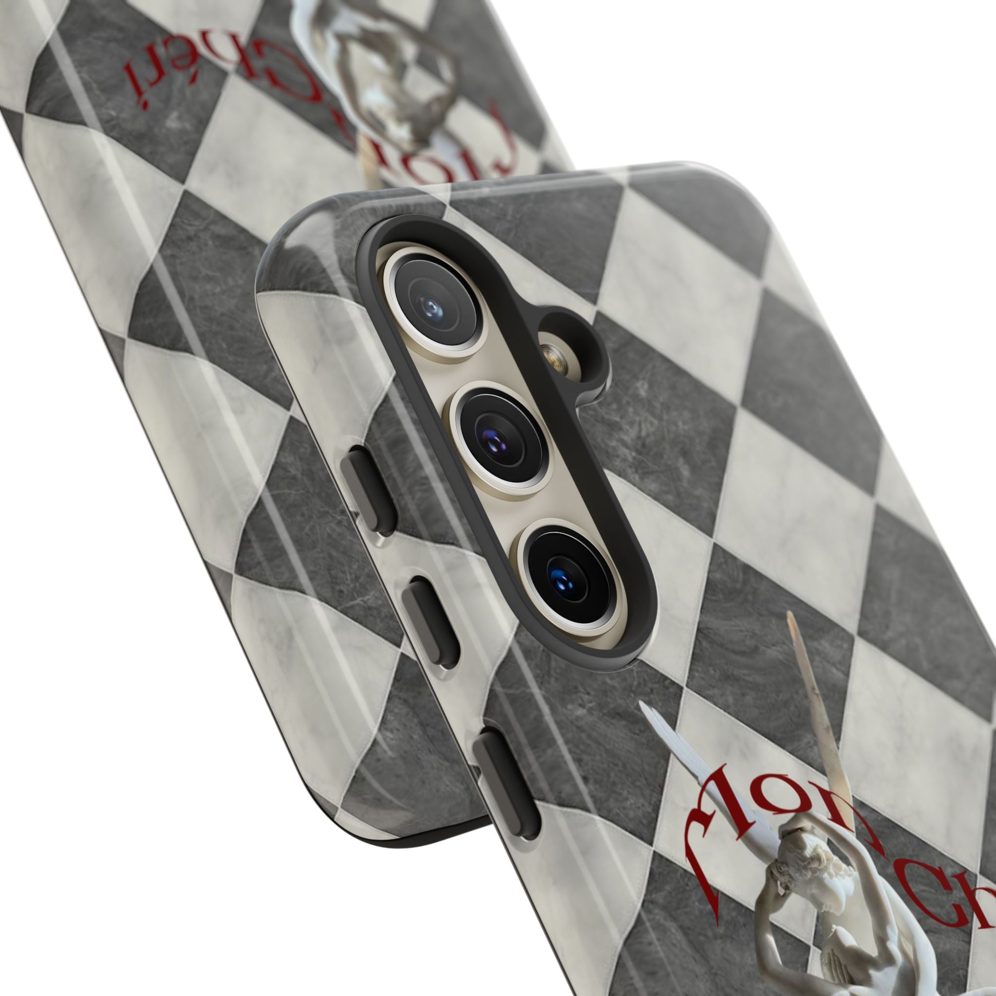 Phone Case — Vintage Harlequin Design with 'Mon Cheri' Statue Accent