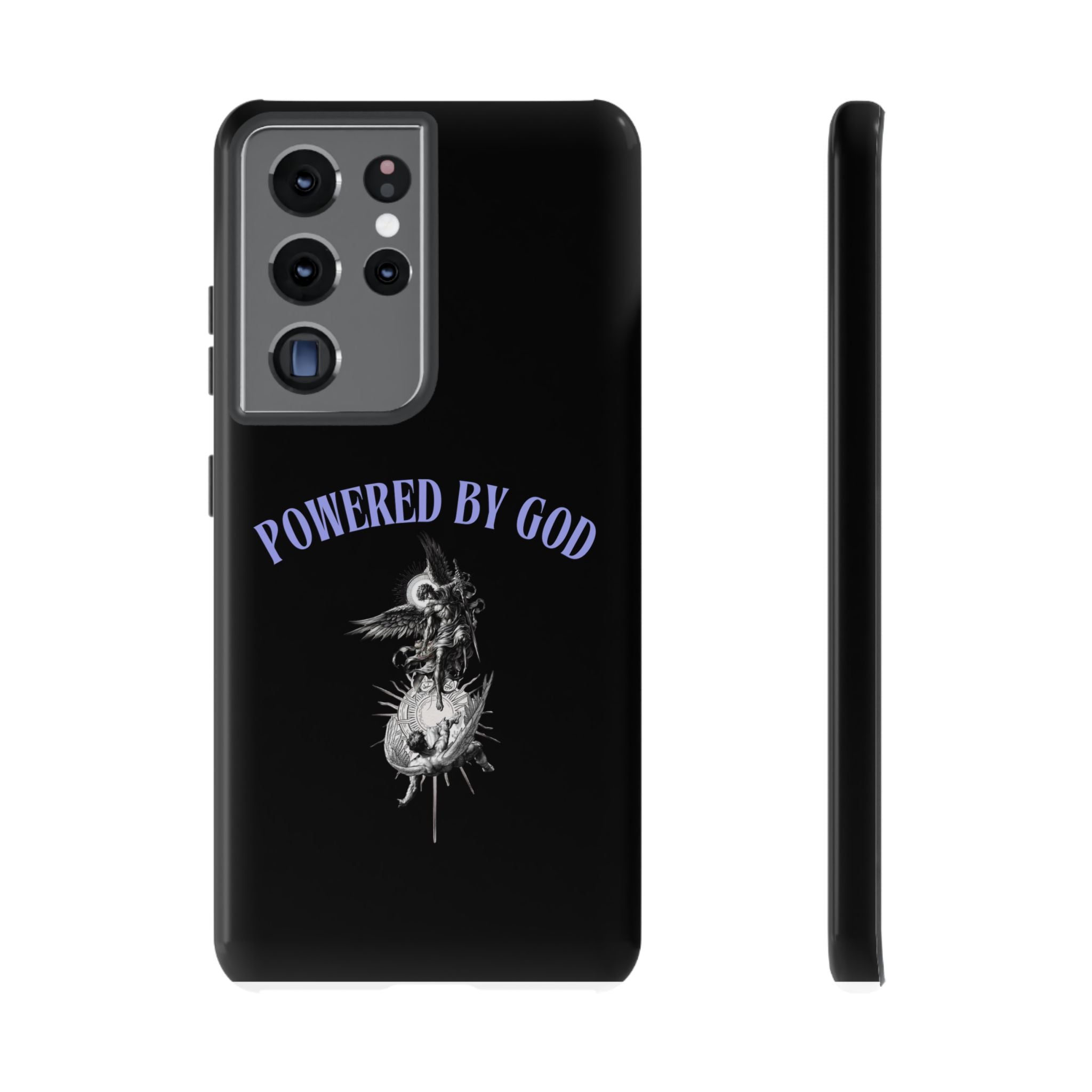 Phone Case — "Powered by God" Black Protective Case with Angelic Skull Design