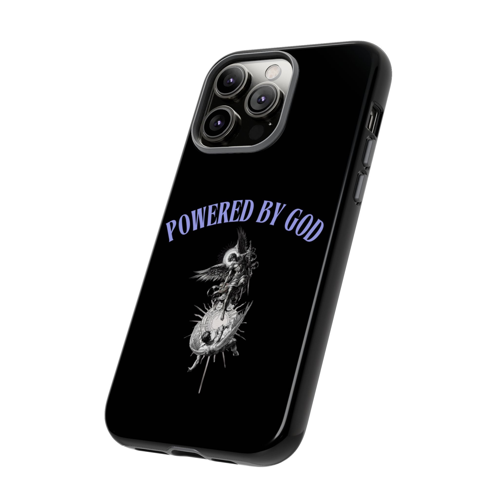 Phone Case — "Powered by God" Black Protective Case with Angelic Skull Design