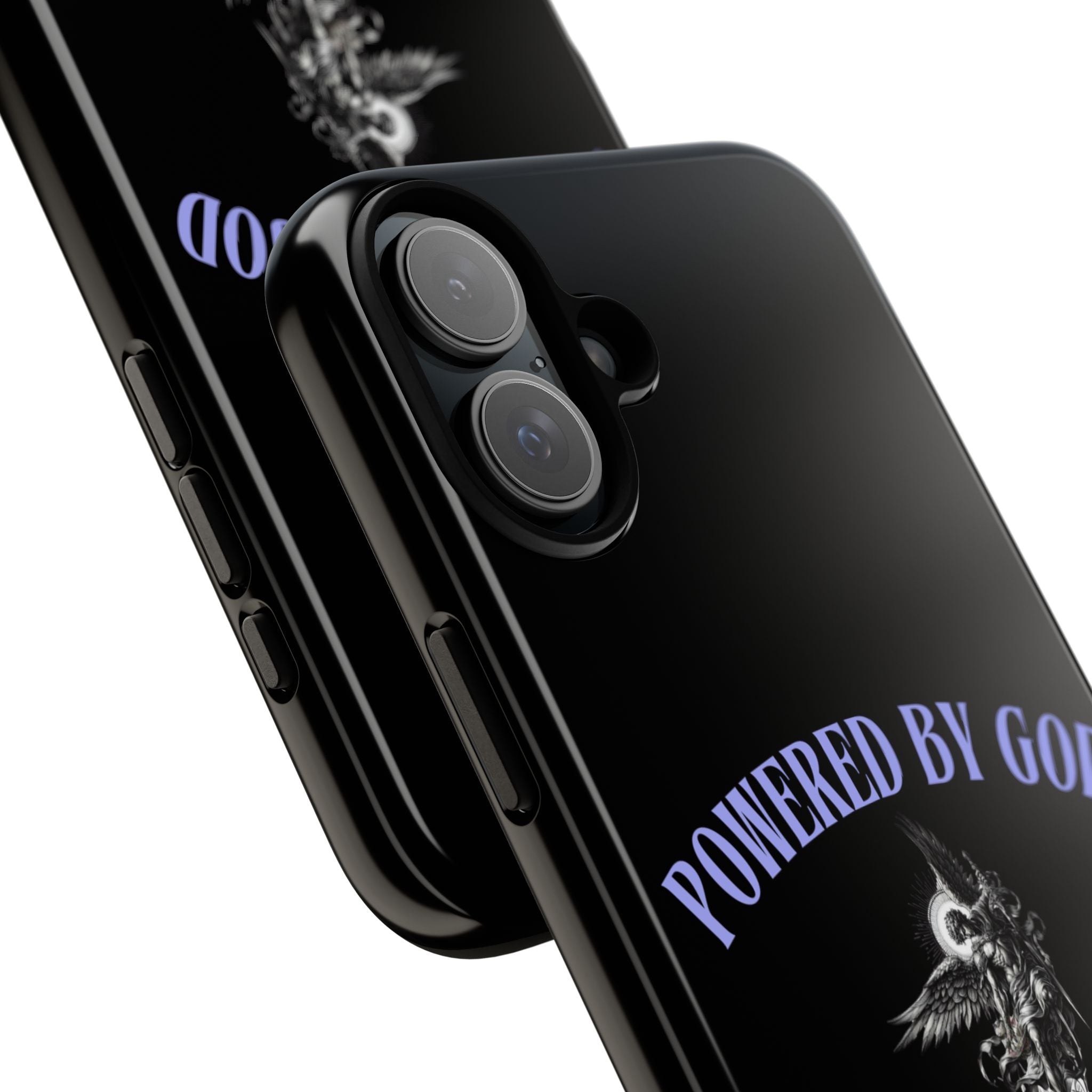 Phone Case — "Powered by God" Black Protective Case with Angelic Skull Design