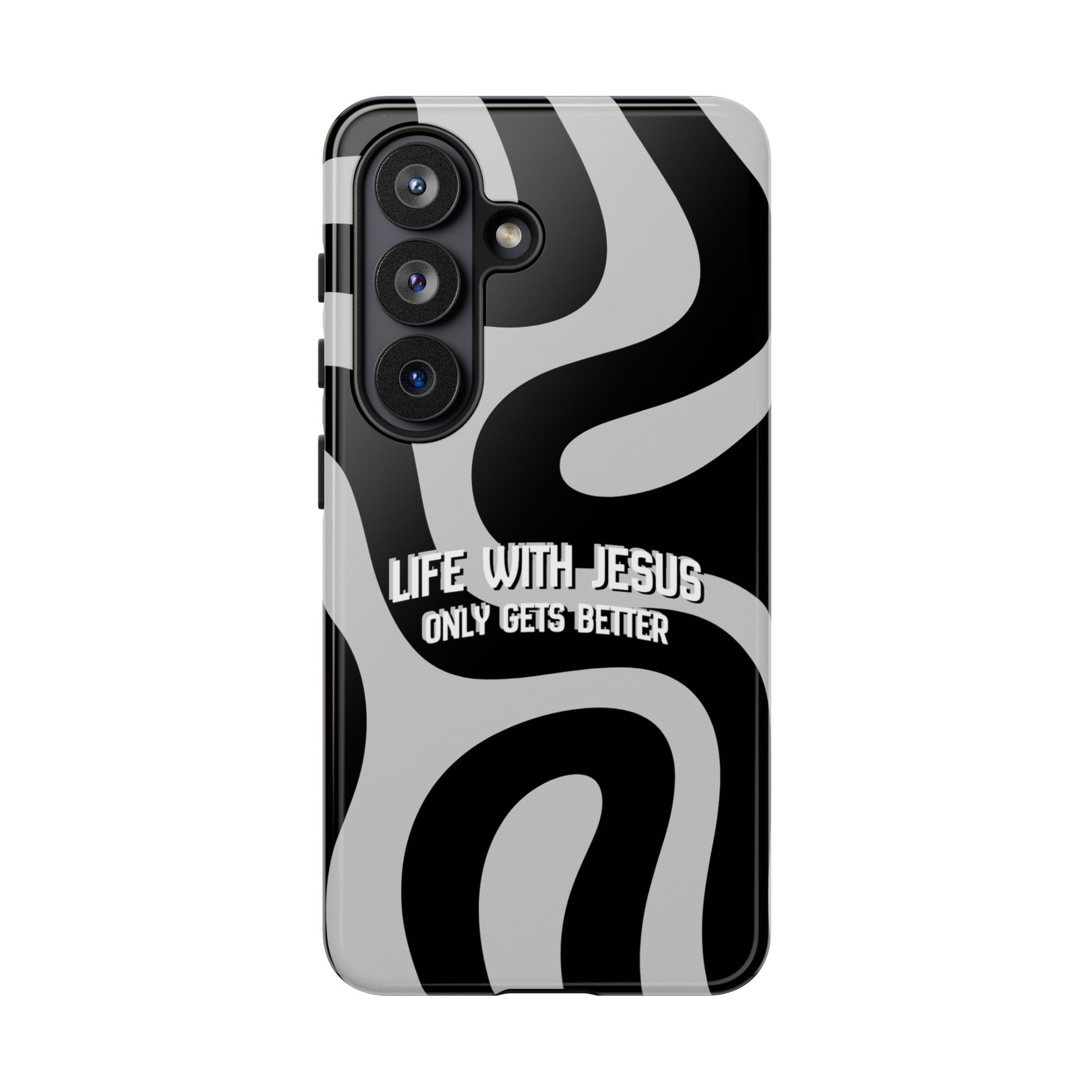 Christian iPhone Tough Case — "Life With Jesus Only Gets Better" Black & White Swirl Design