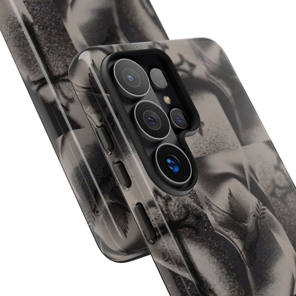 Gothic Cross & Dove Phone Case — Moody Checkerboard Protective Case