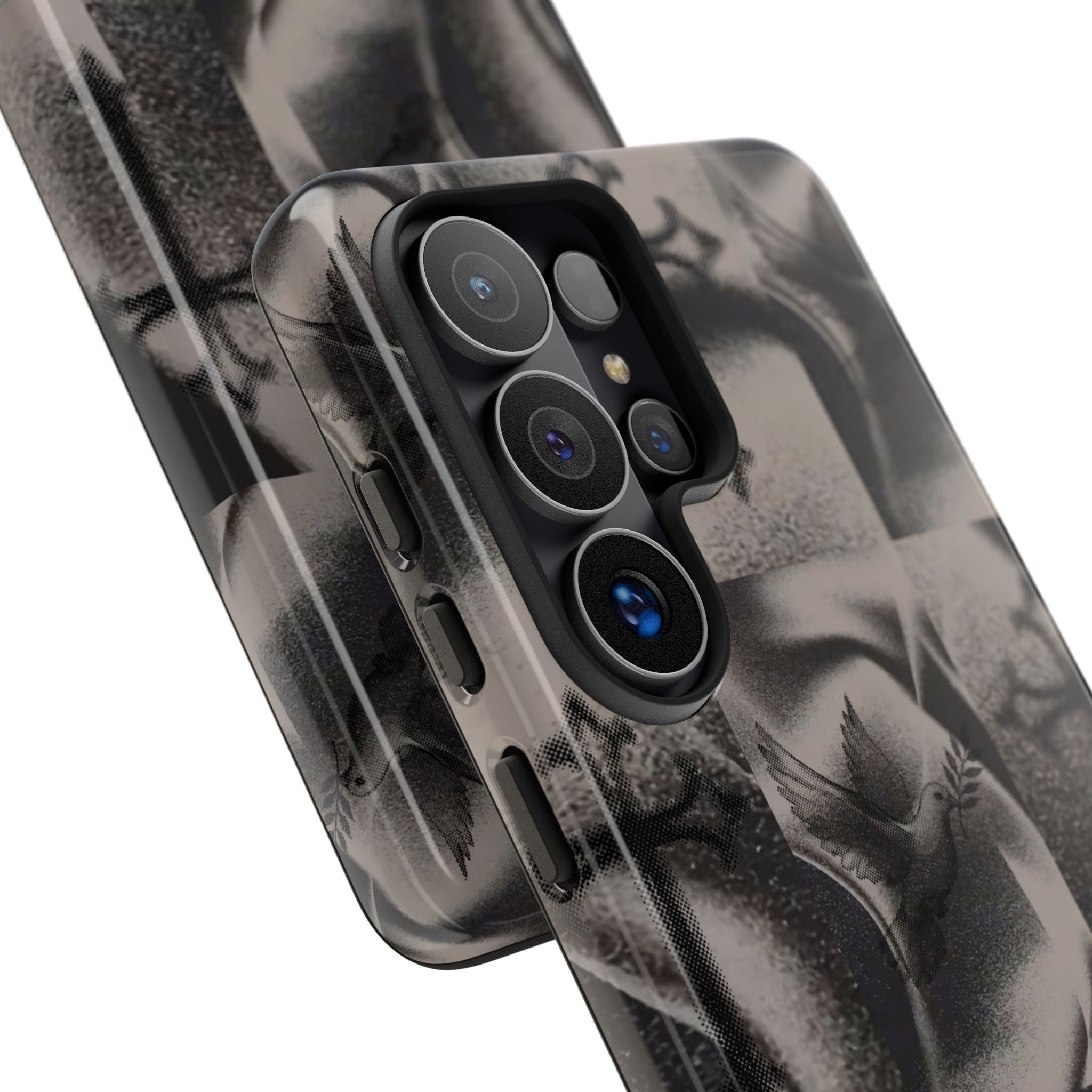 Gothic Cross & Dove Phone Case — Moody Checkerboard Protective Case