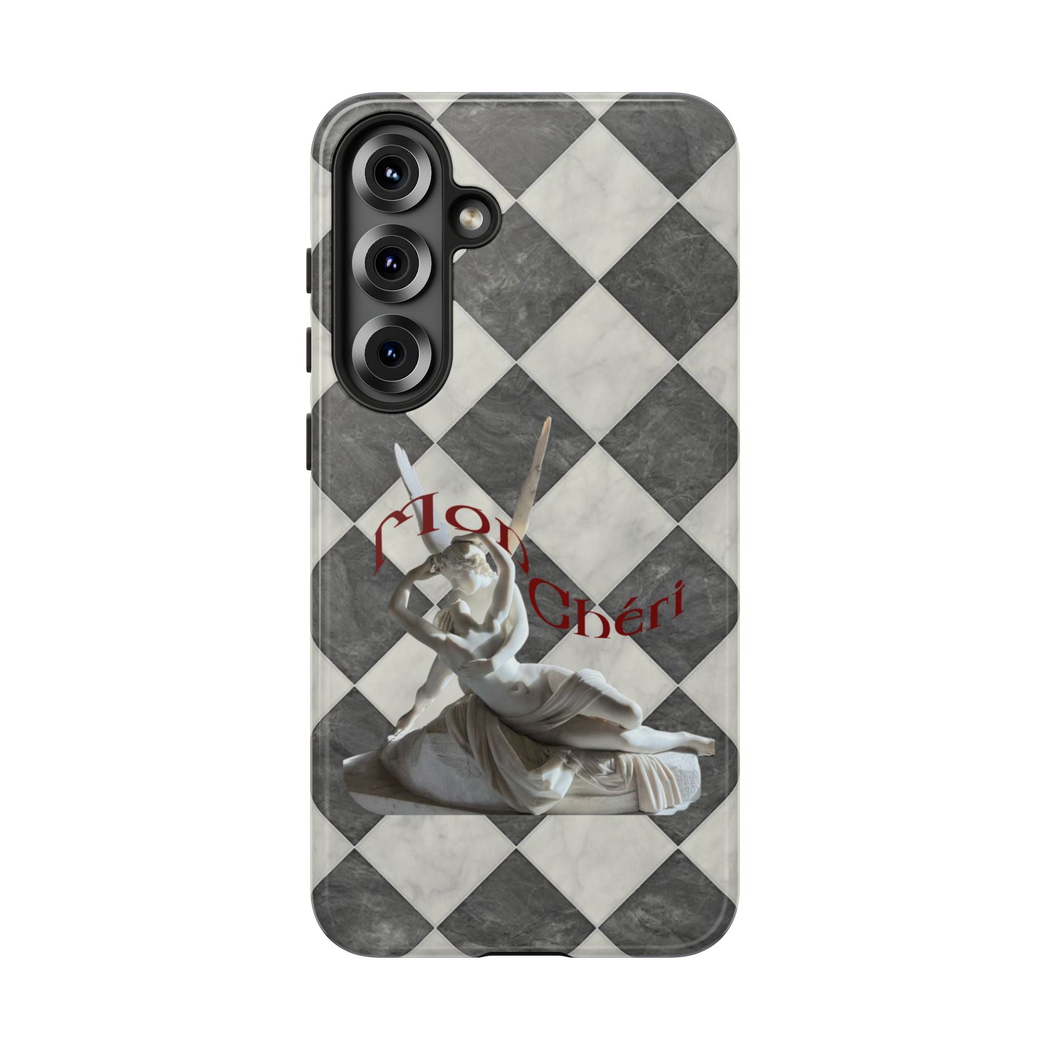 Phone Case — Vintage Harlequin Design with 'Mon Cheri' Statue Accent