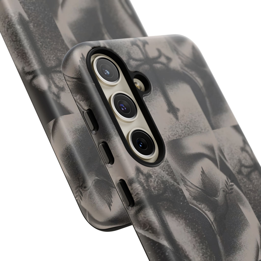 Gothic Cross & Dove Phone Case — Moody Checkerboard Protective Case