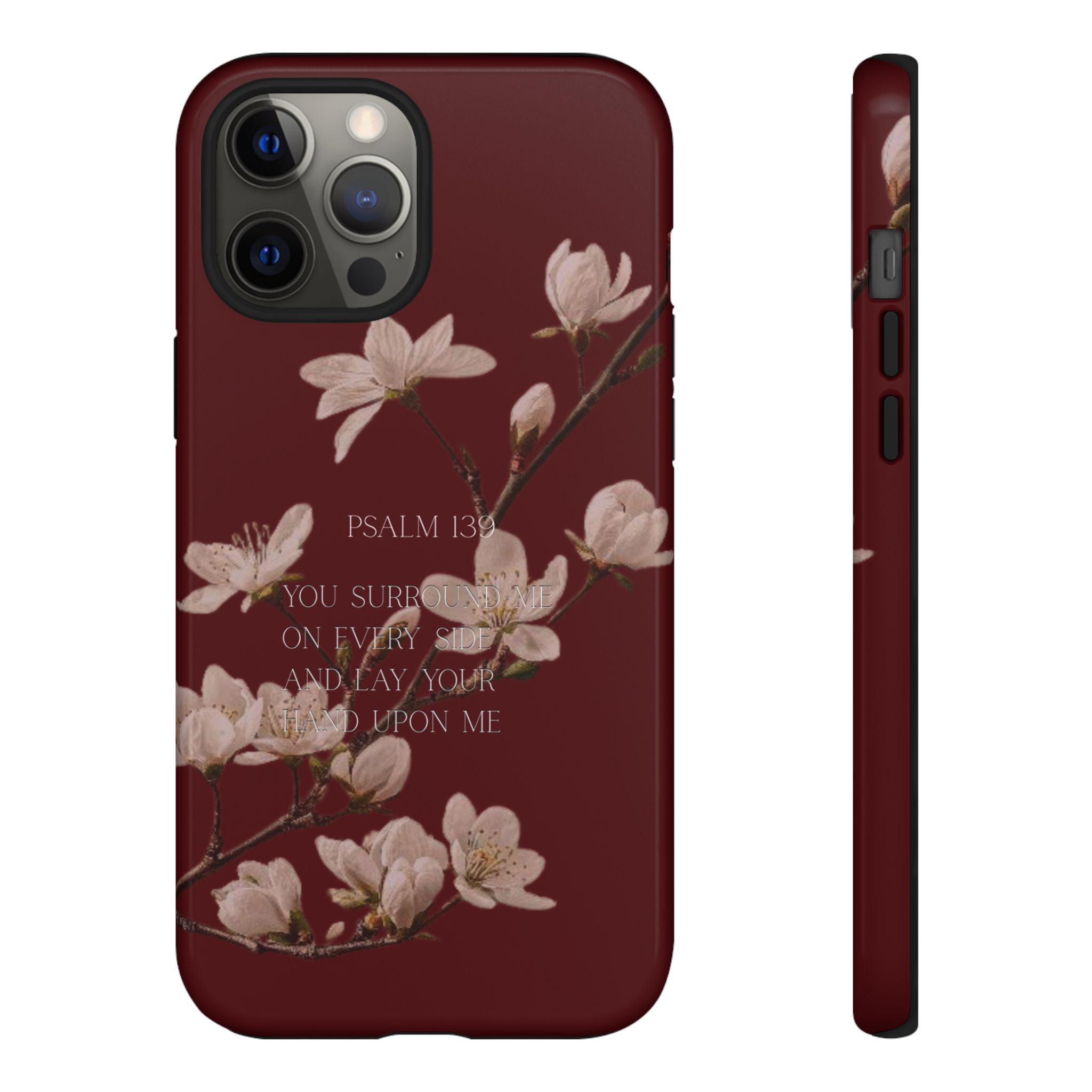 Floral Psalm Tough Phone Case — Burgundy Magnolia Branch with Psalm 139 Verse