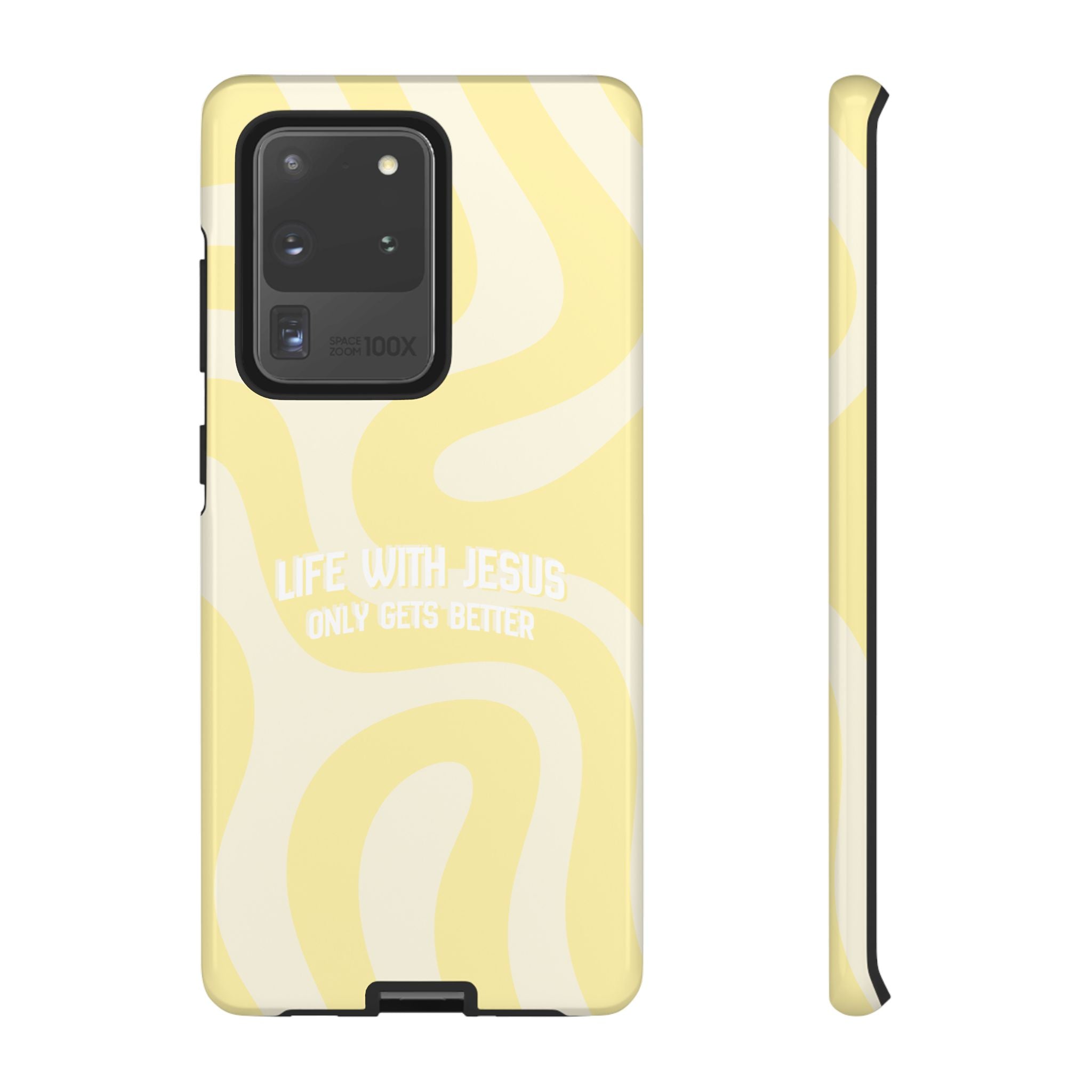Yellow Swirl Phone Case - "Life With Jesus Only Gets Better" Christian iPhone Cover Tough Case