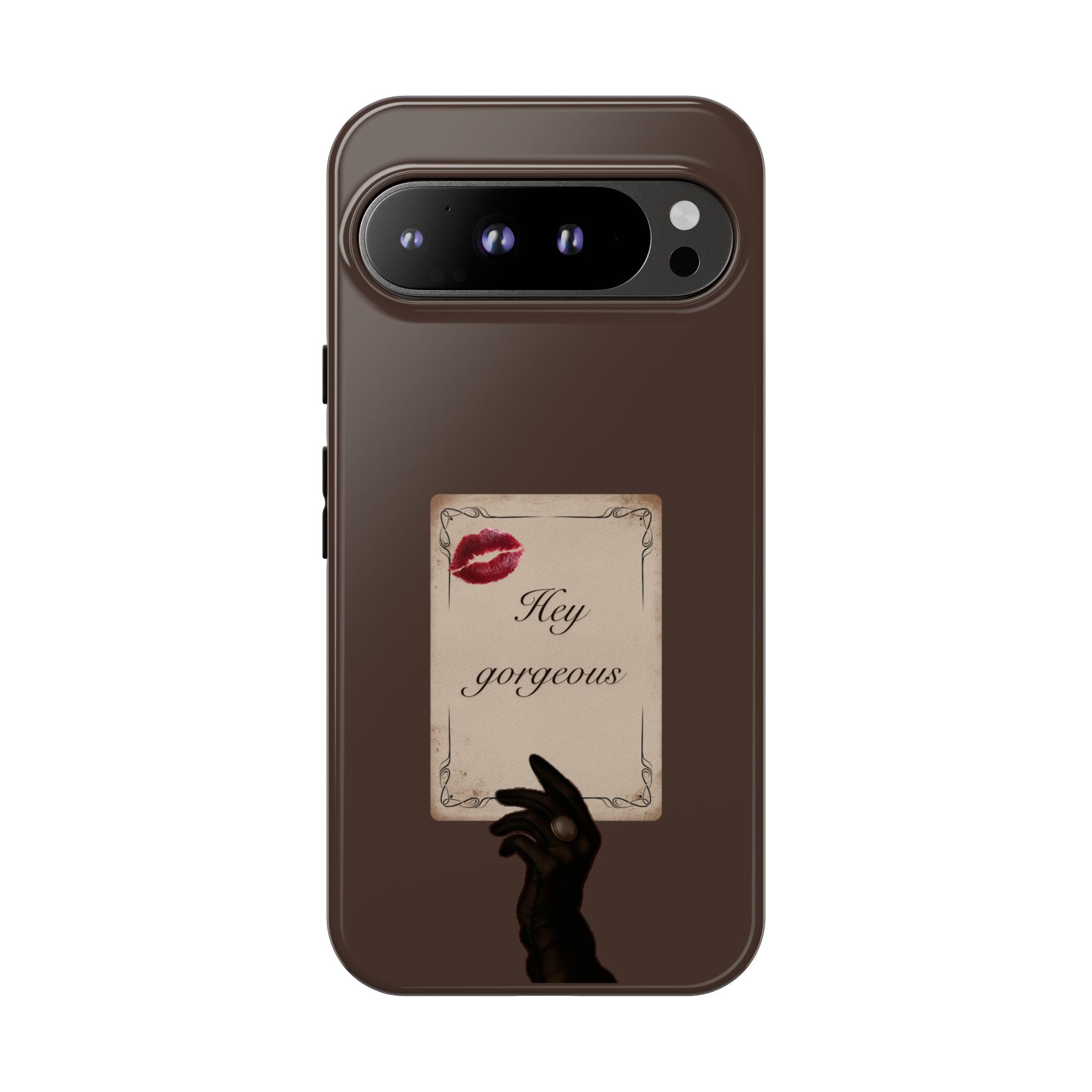 Hey Gorgeous Phone Case — Brown Lip Print & Shadow Hand Protective Cover