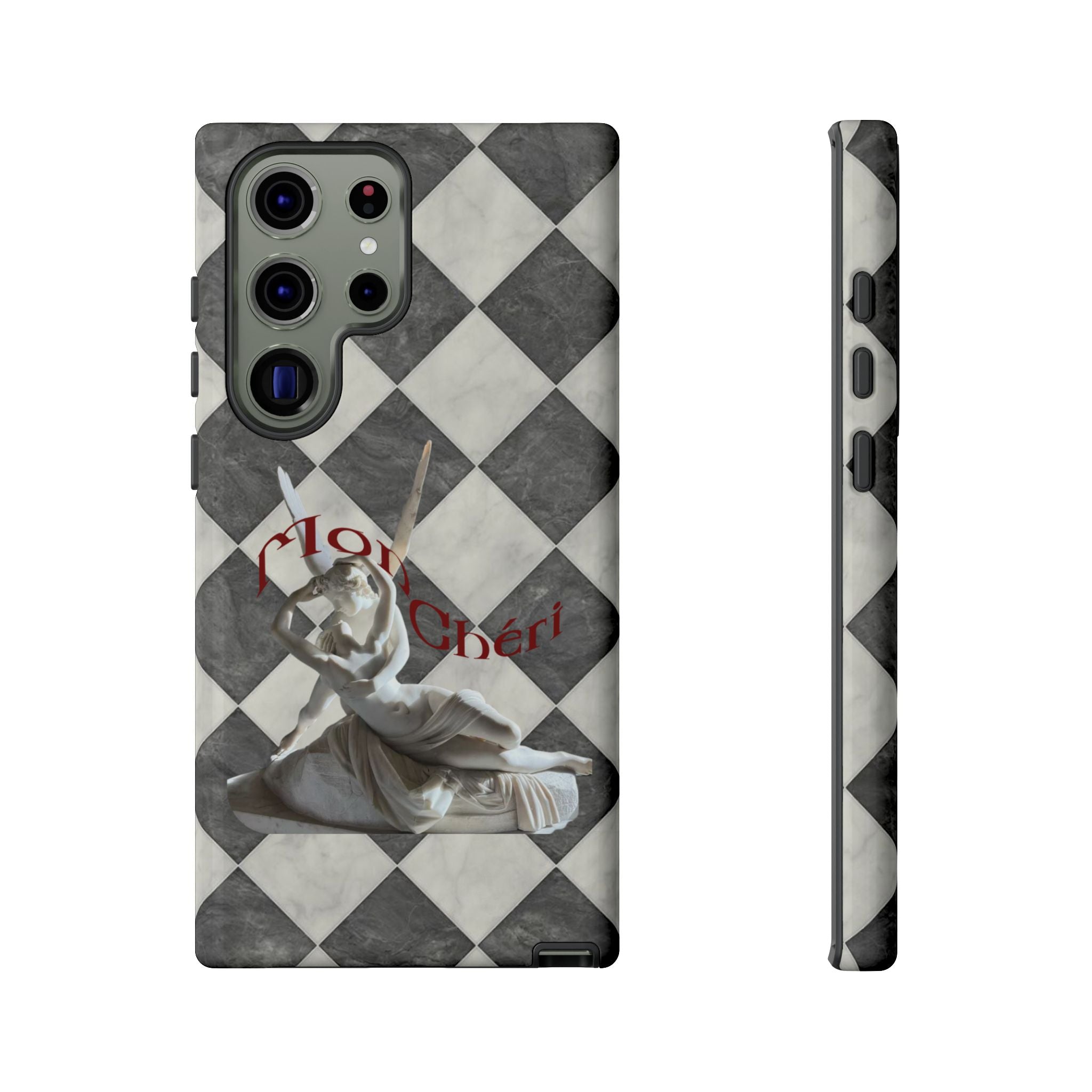 Phone Case — Vintage Harlequin Design with 'Mon Cheri' Statue Accent