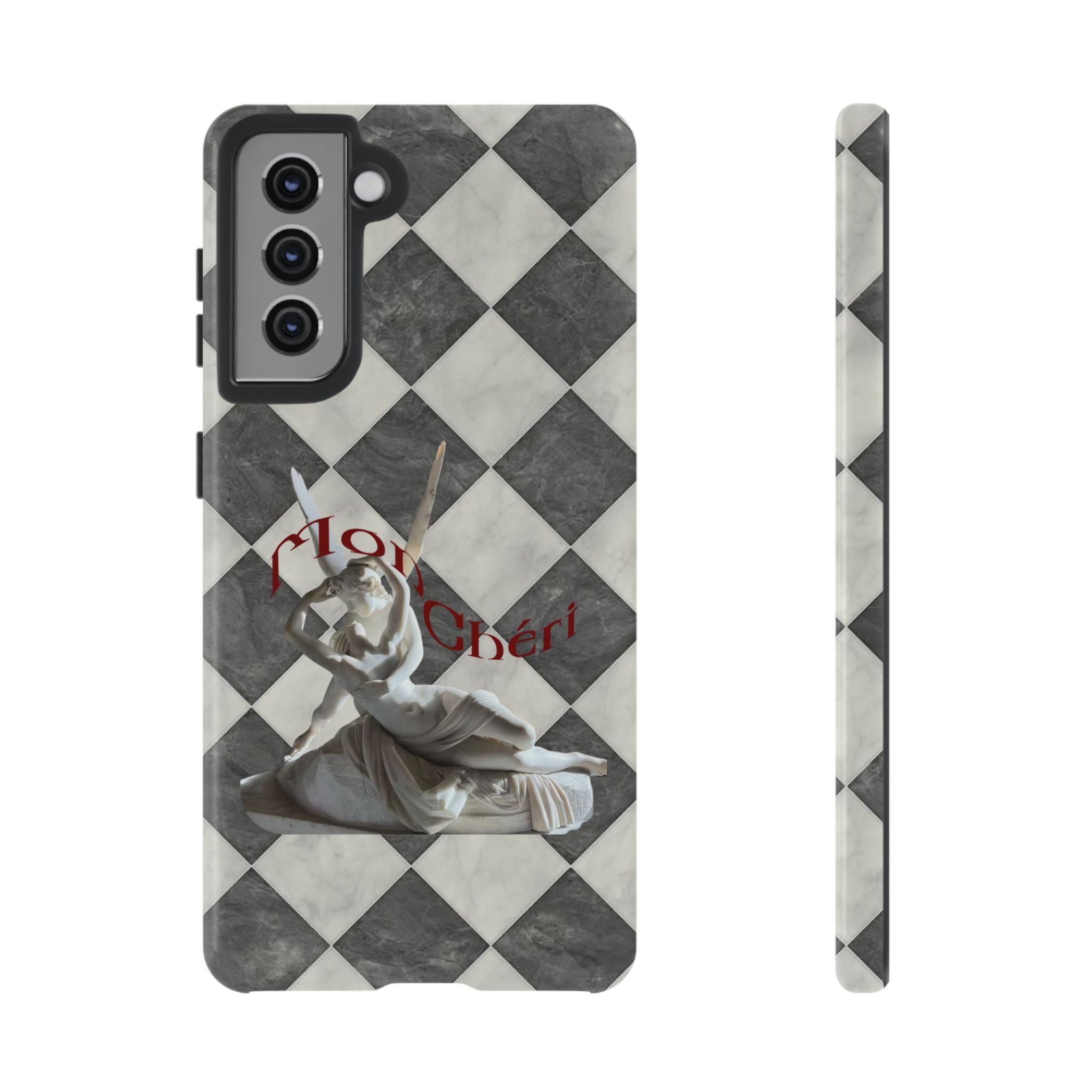 Phone Case — Vintage Harlequin Design with 'Mon Cheri' Statue Accent