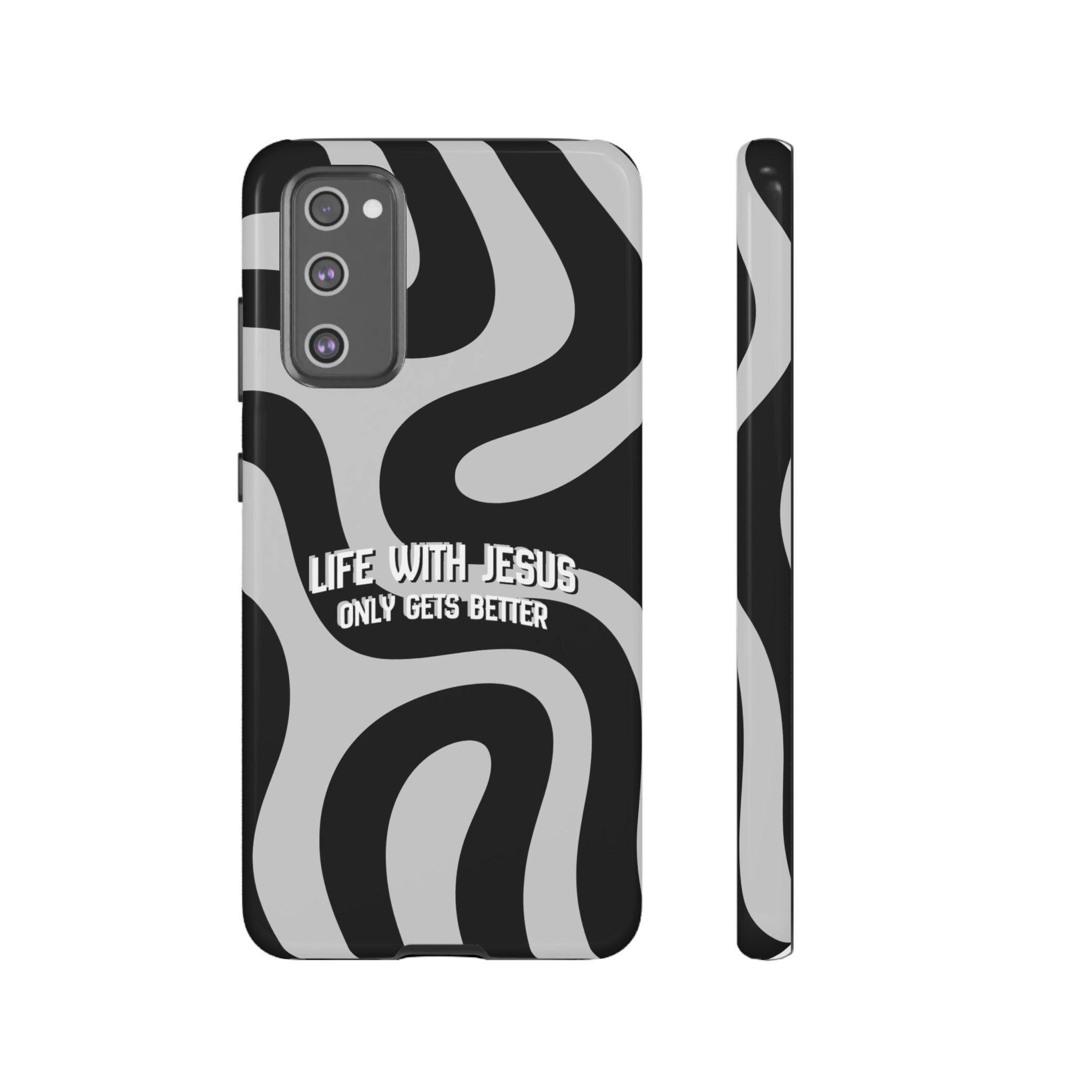Christian iPhone Tough Case — "Life With Jesus Only Gets Better" Black & White Swirl Design