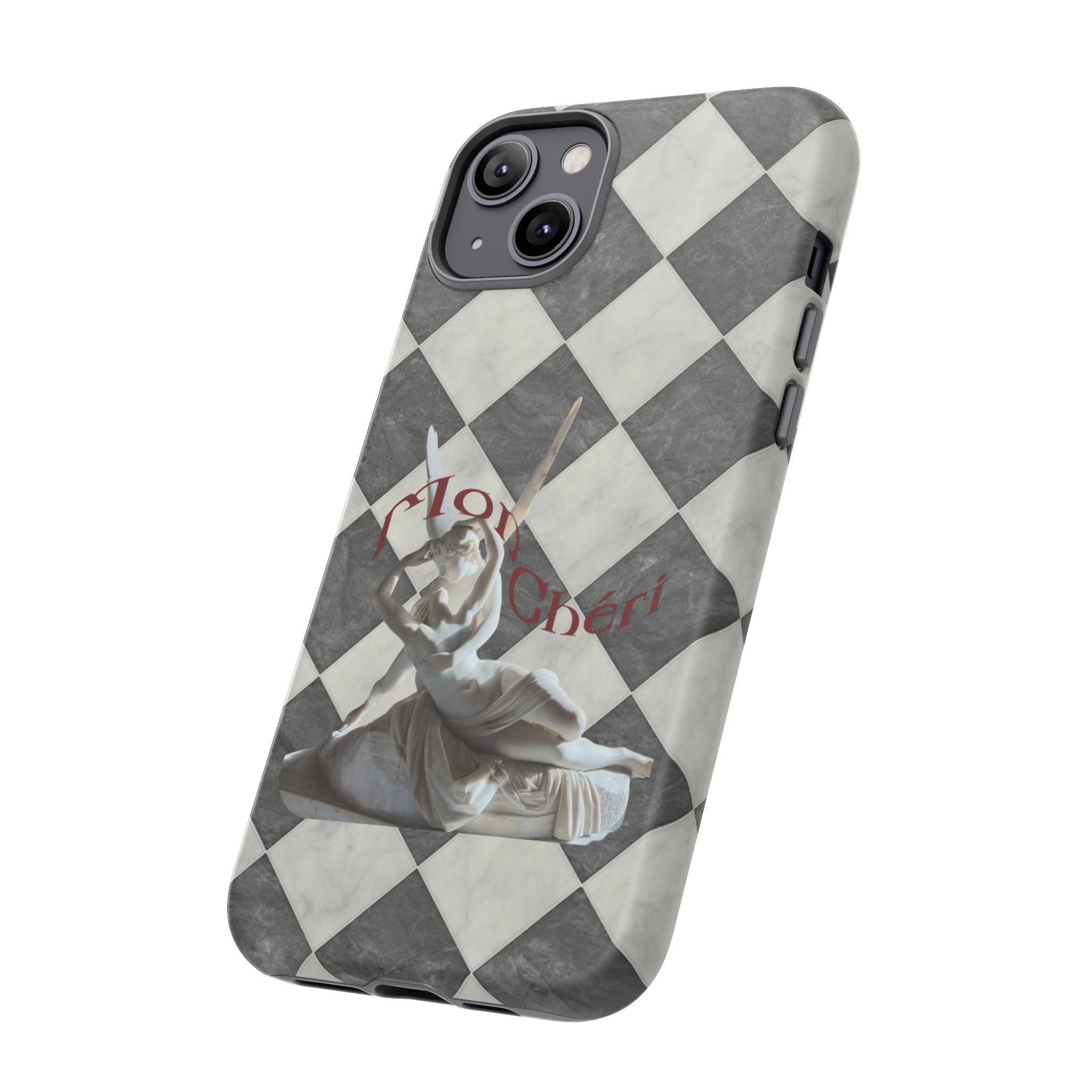 Phone Case — Vintage Harlequin Design with 'Mon Cheri' Statue Accent