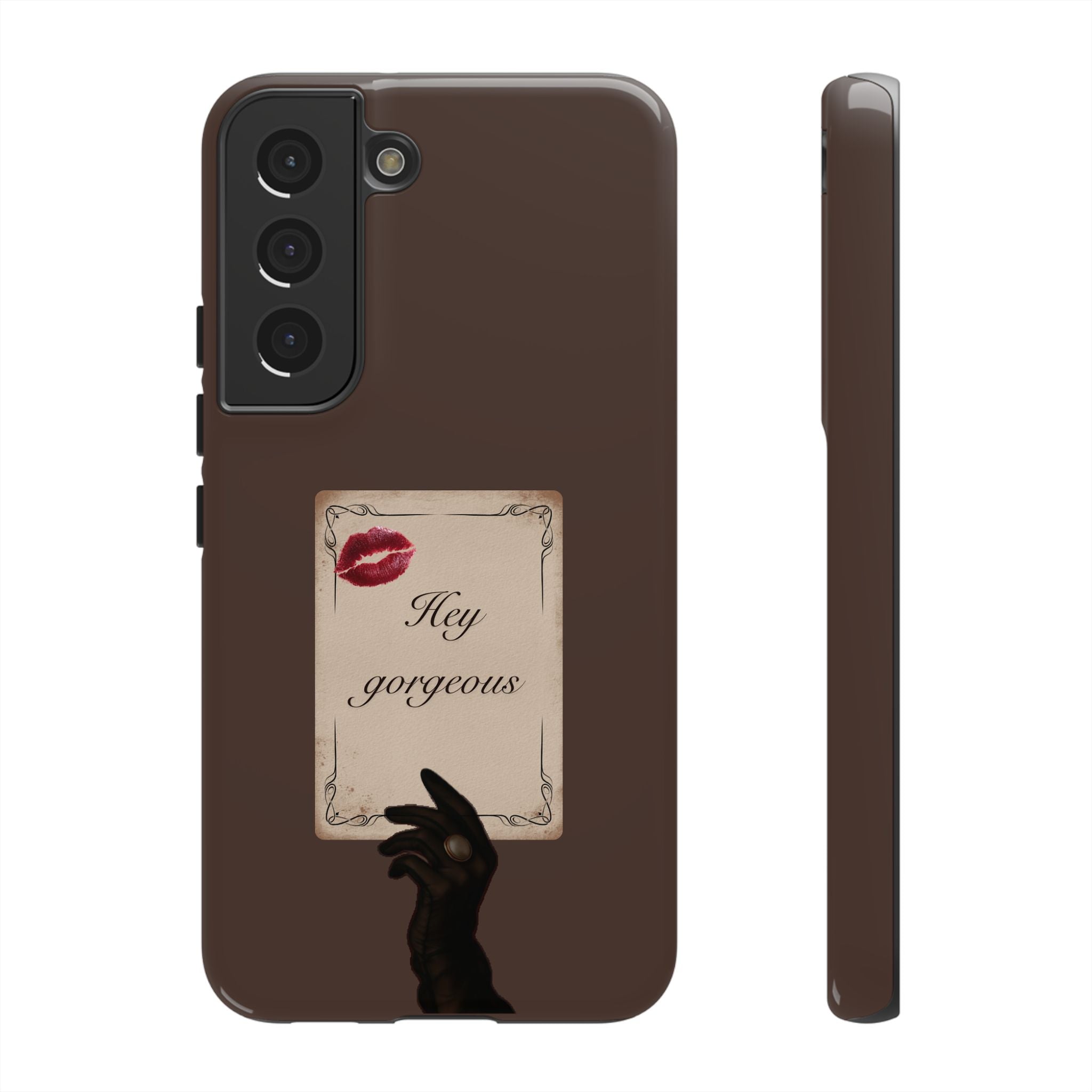 Hey Gorgeous Phone Case — Brown Lip Print & Shadow Hand Protective Cover