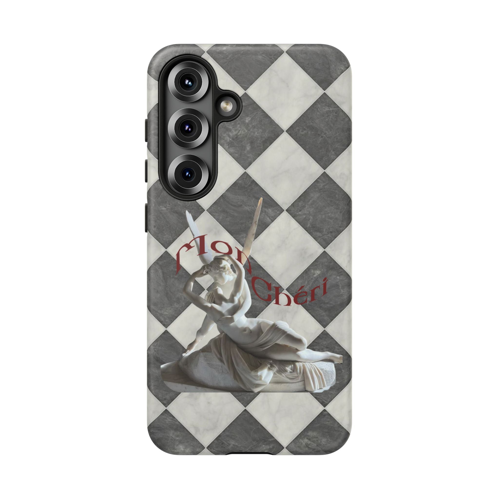 Phone Case — Vintage Harlequin Design with 'Mon Cheri' Statue Accent