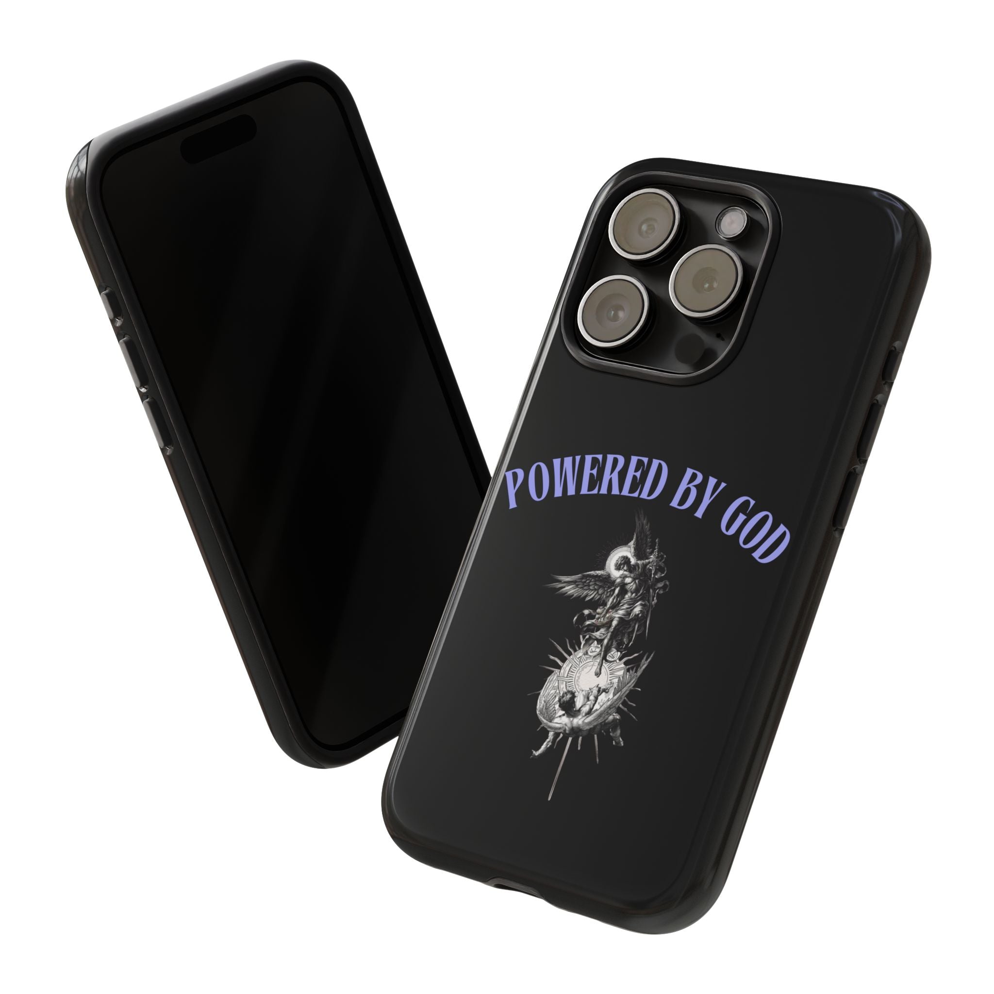 Phone Case — "Powered by God" Black Protective Case with Angelic Skull Design