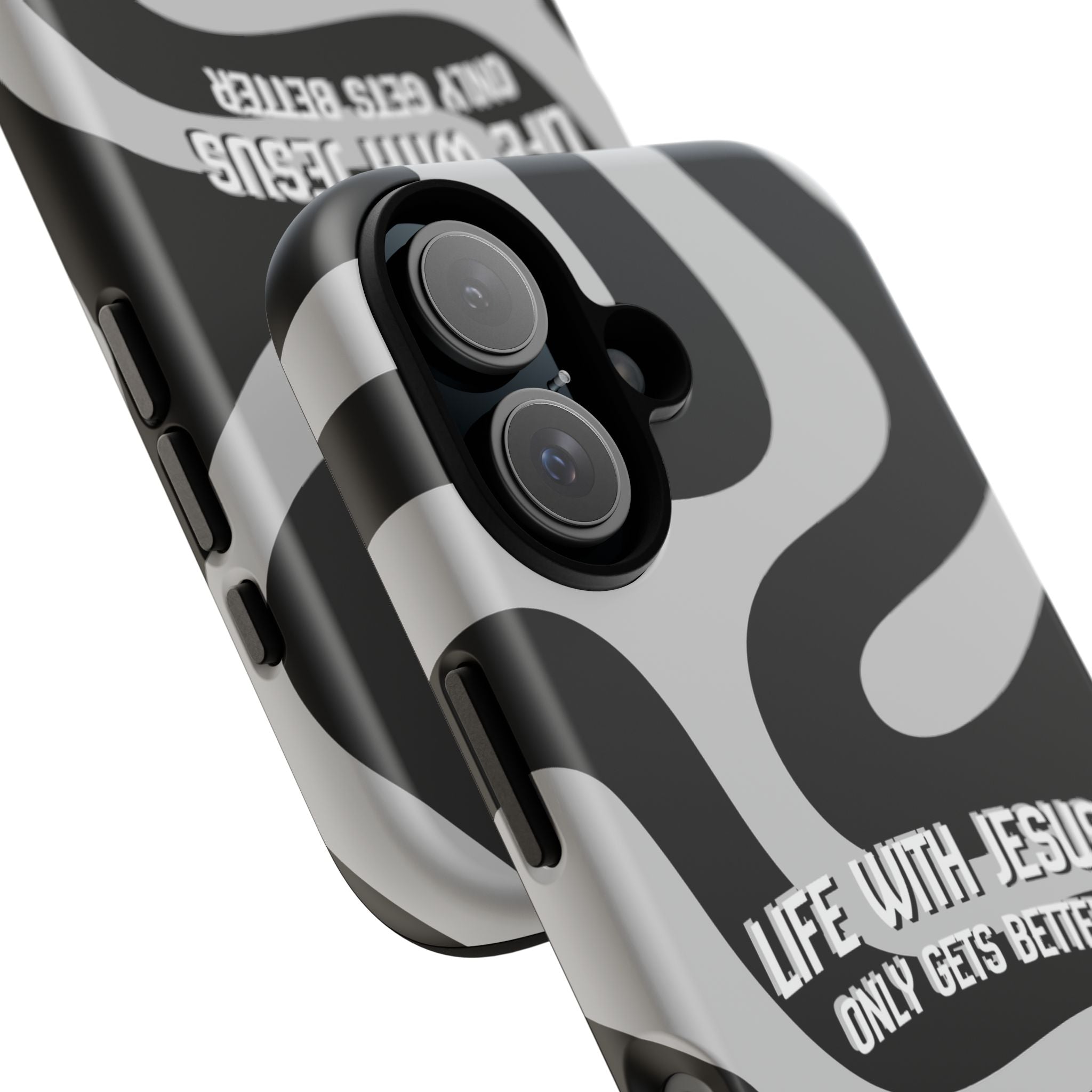 Christian iPhone Tough Case — "Life With Jesus Only Gets Better" Black & White Swirl Design