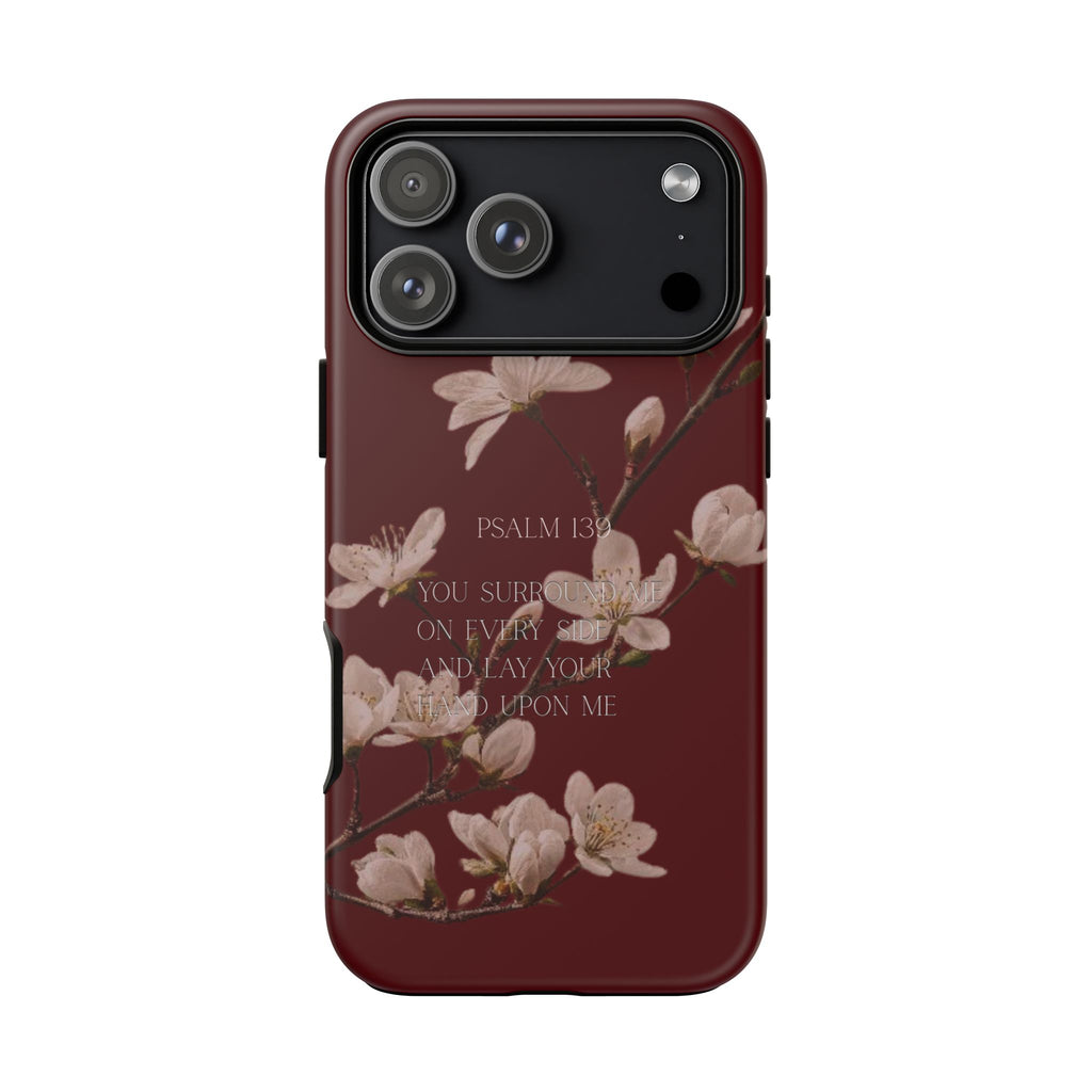 Floral Psalm Tough Phone Case — Burgundy Magnolia Branch with Psalm 139 Verse