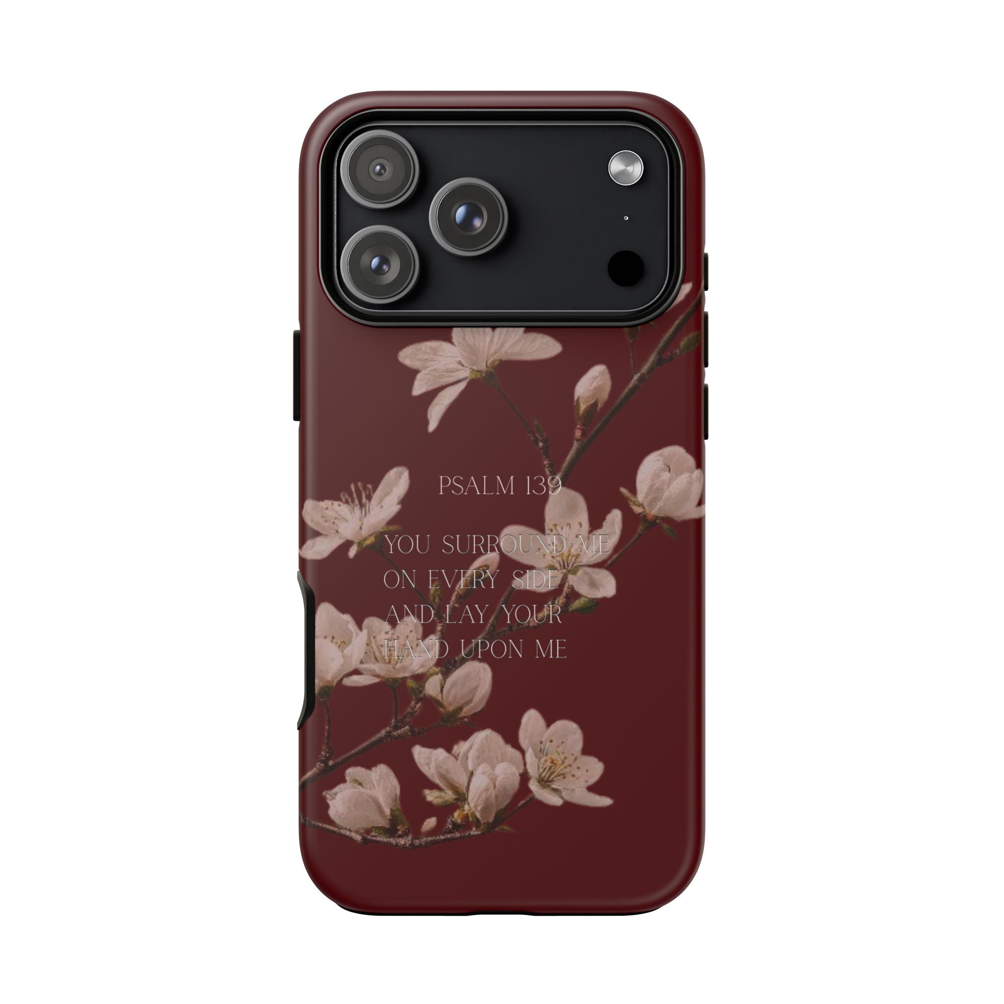 Floral Psalm Tough Phone Case — Burgundy Magnolia Branch with Psalm 139 Verse