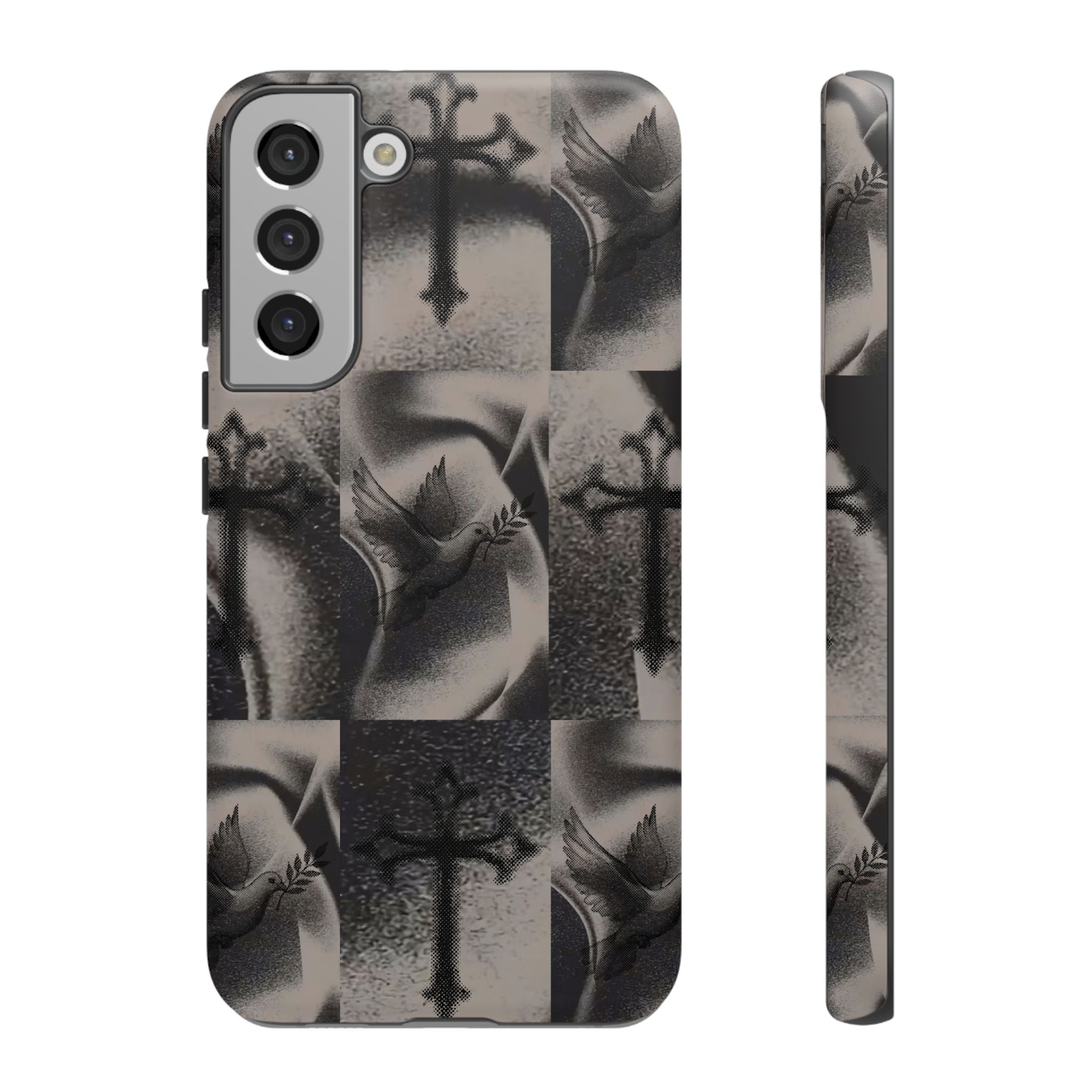 Gothic Cross & Dove Phone Case — Moody Checkerboard Protective Case