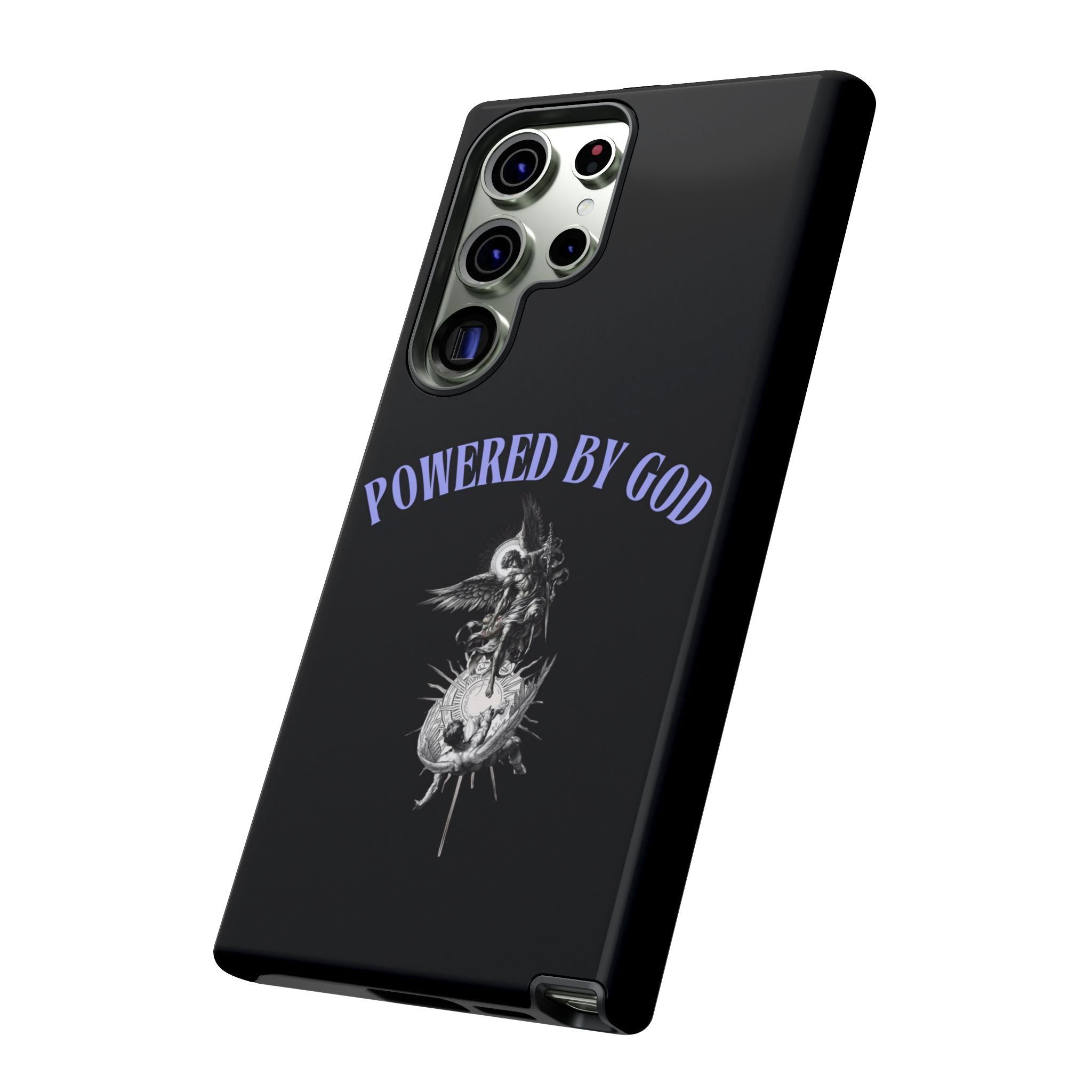 Phone Case — "Powered by God" Black Protective Case with Angelic Skull Design