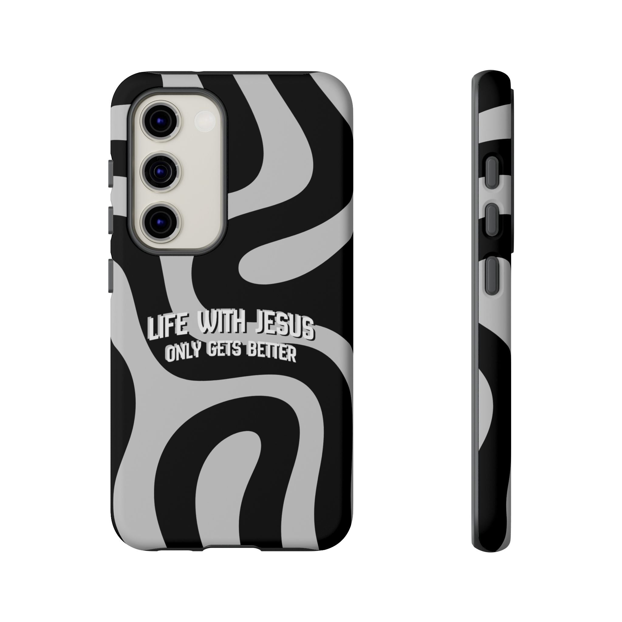 Christian iPhone Tough Case — "Life With Jesus Only Gets Better" Black & White Swirl Design