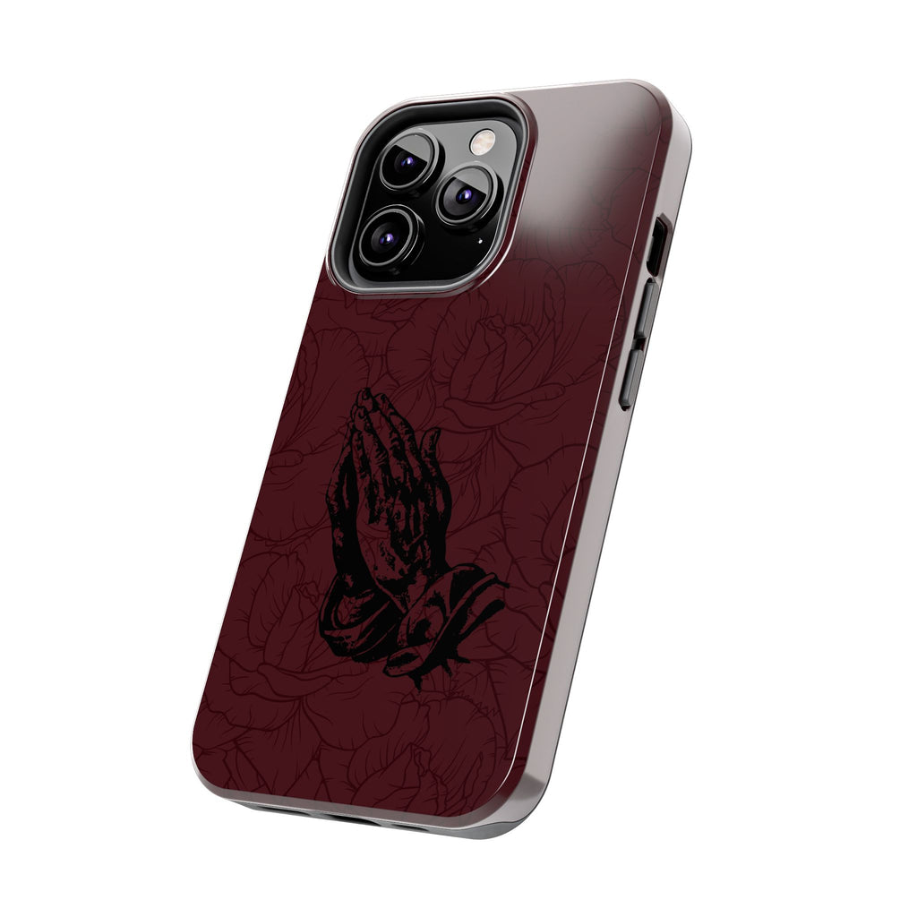 Burgundy Praying Hands Tough Phone Case – Floral Background, Religious Protective Cover