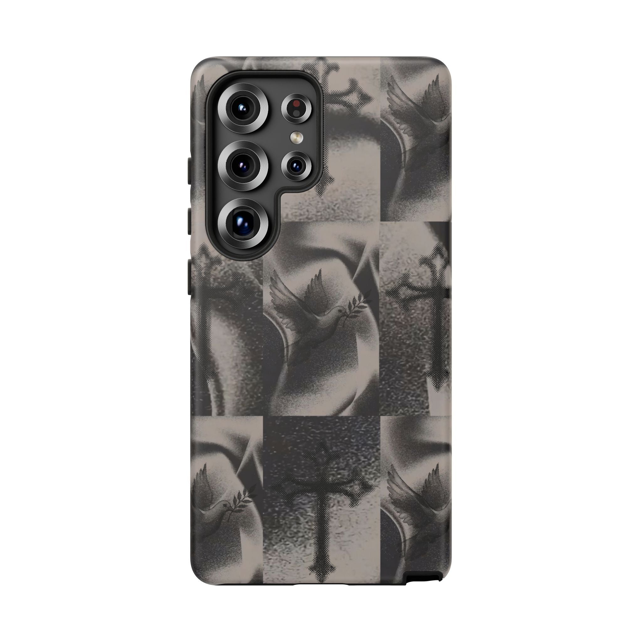 Gothic Cross & Dove Phone Case — Moody Checkerboard Protective Case