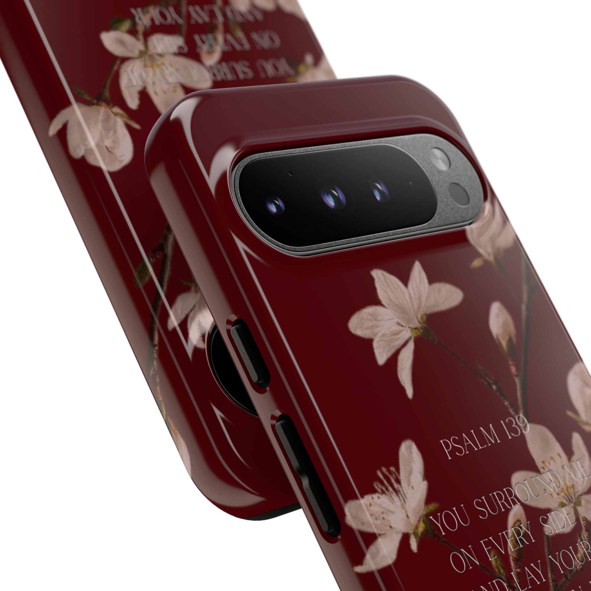 Floral Psalm Tough Phone Case — Burgundy Magnolia Branch with Psalm 139 Verse