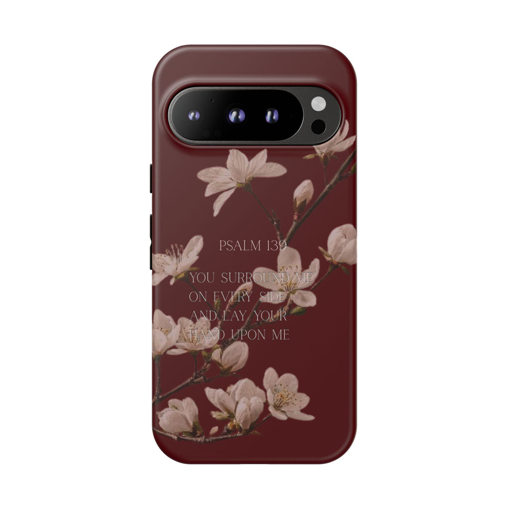 Floral Psalm Tough Phone Case — Burgundy Magnolia Branch with Psalm 139 Verse