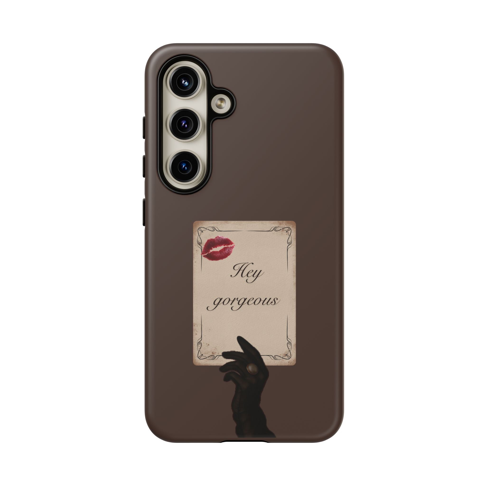 Hey Gorgeous Phone Case — Brown Lip Print & Shadow Hand Protective Cover