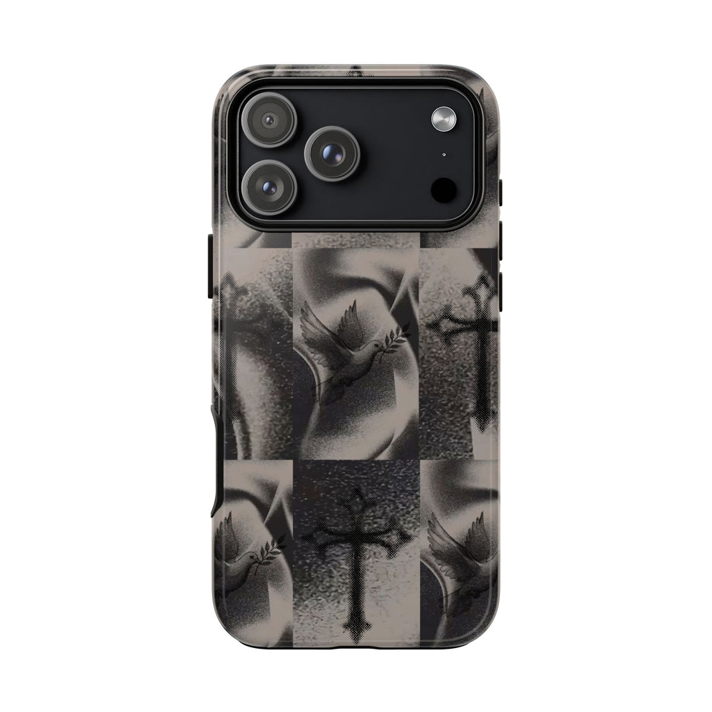 Gothic Cross & Dove Phone Case — Moody Checkerboard Protective Case