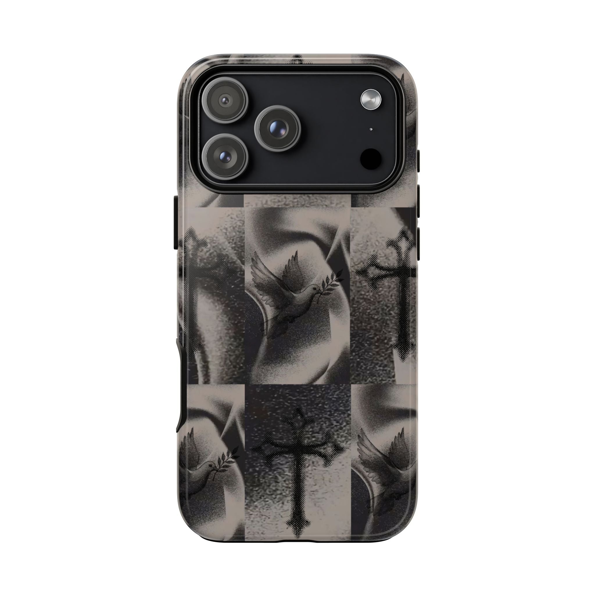 Gothic Cross & Dove Phone Case — Moody Checkerboard Protective Case