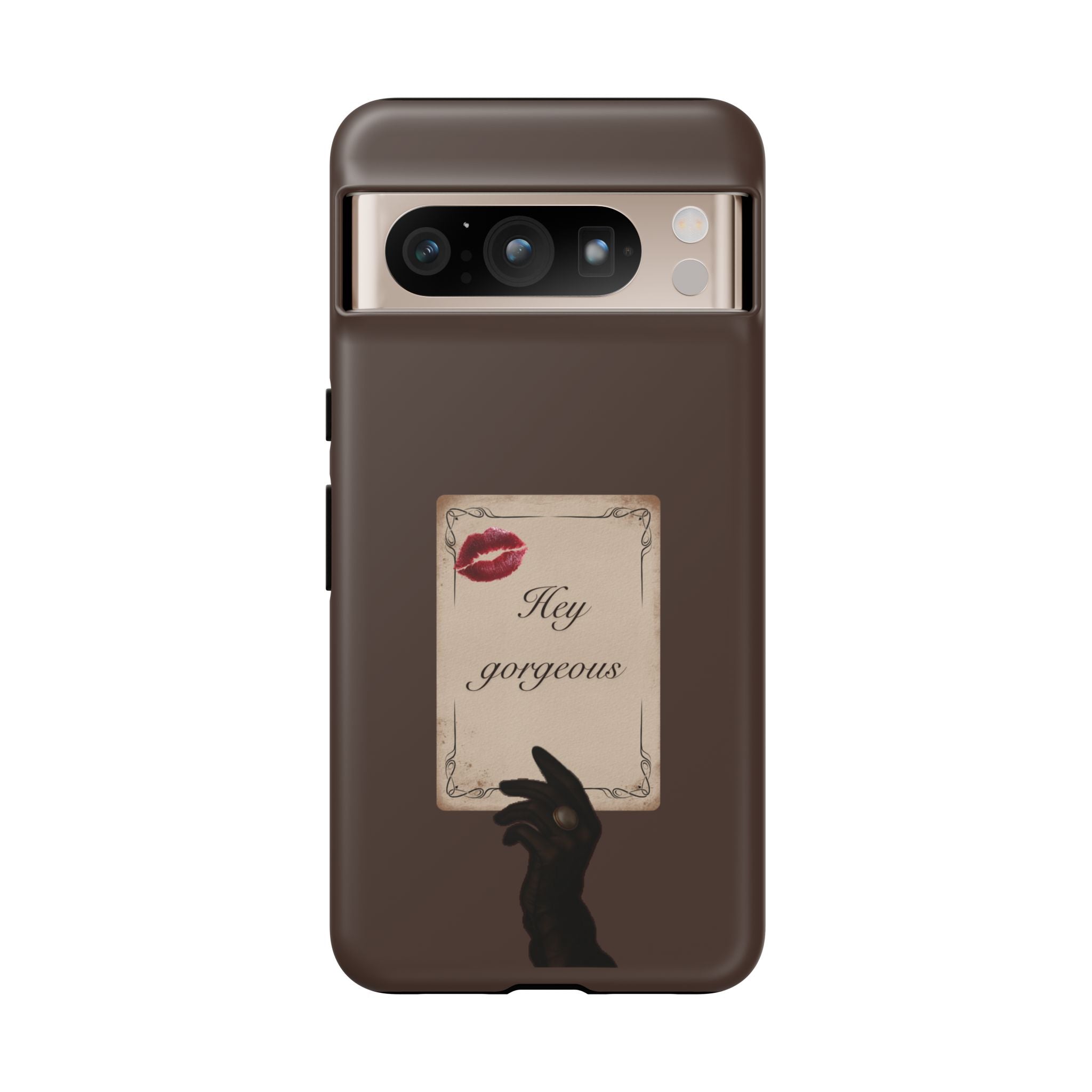 Hey Gorgeous Phone Case — Brown Lip Print & Shadow Hand Protective Cover