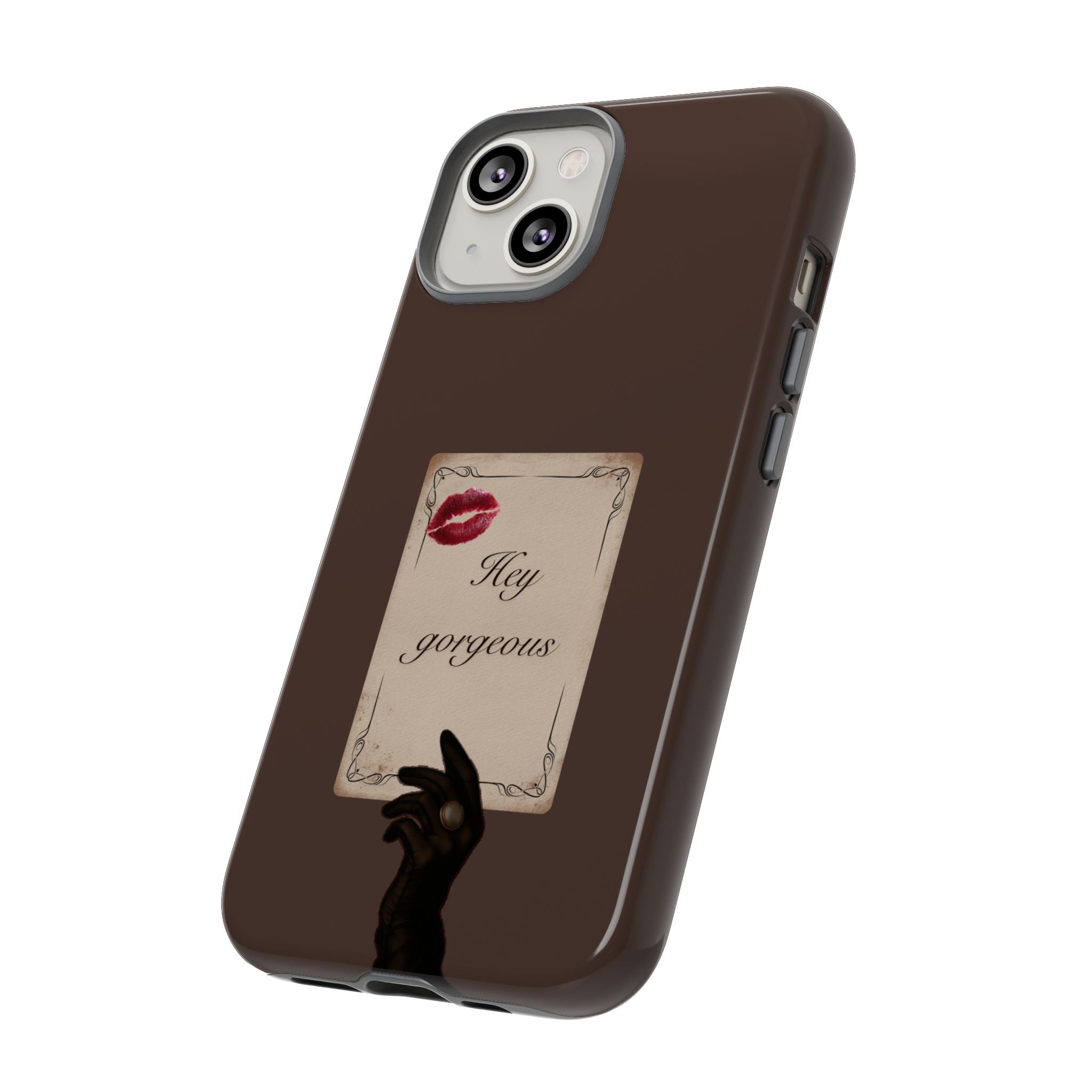 Hey Gorgeous Phone Case — Brown Lip Print & Shadow Hand Protective Cover