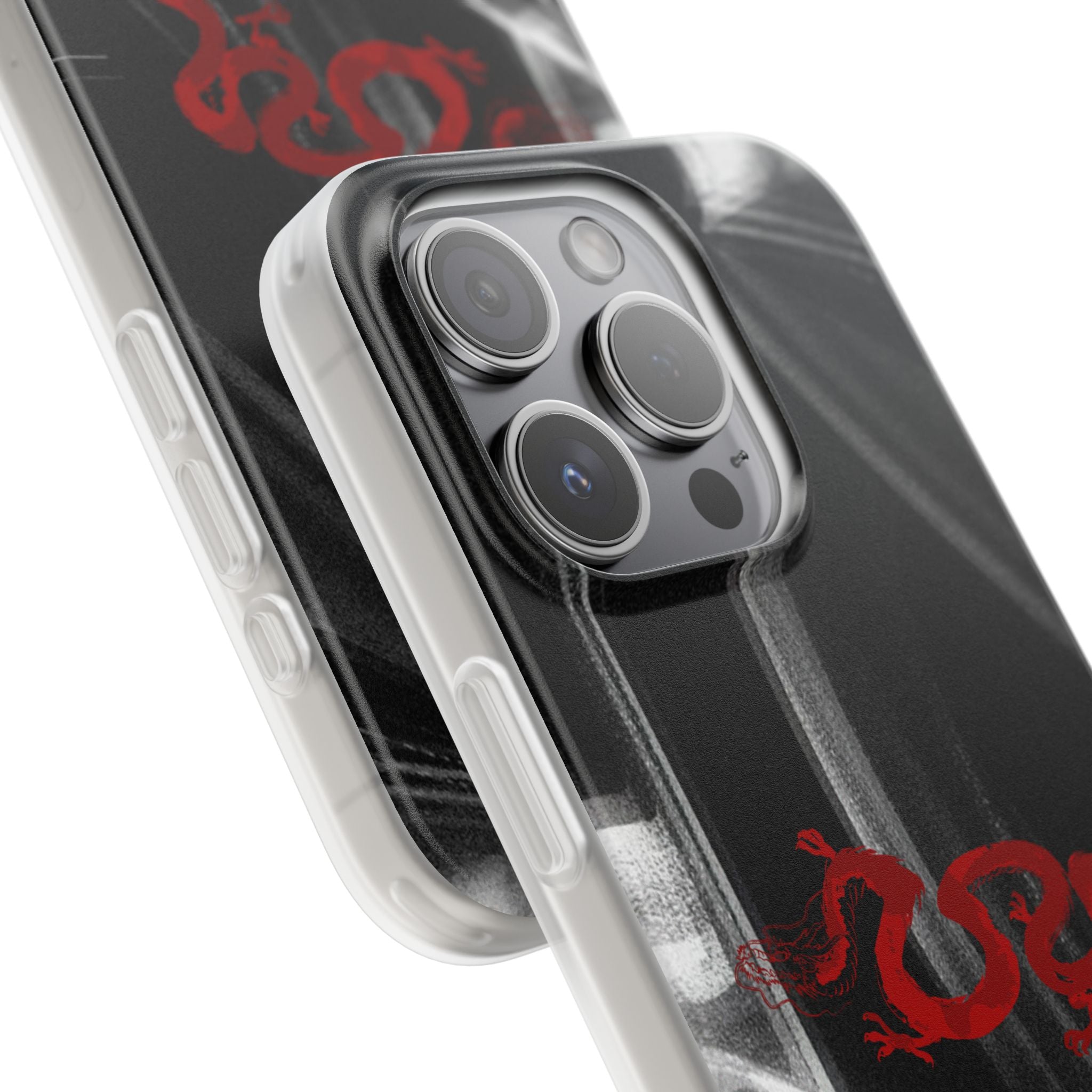 Flexi Phone Case — Black Smoke Background with Red Dragon