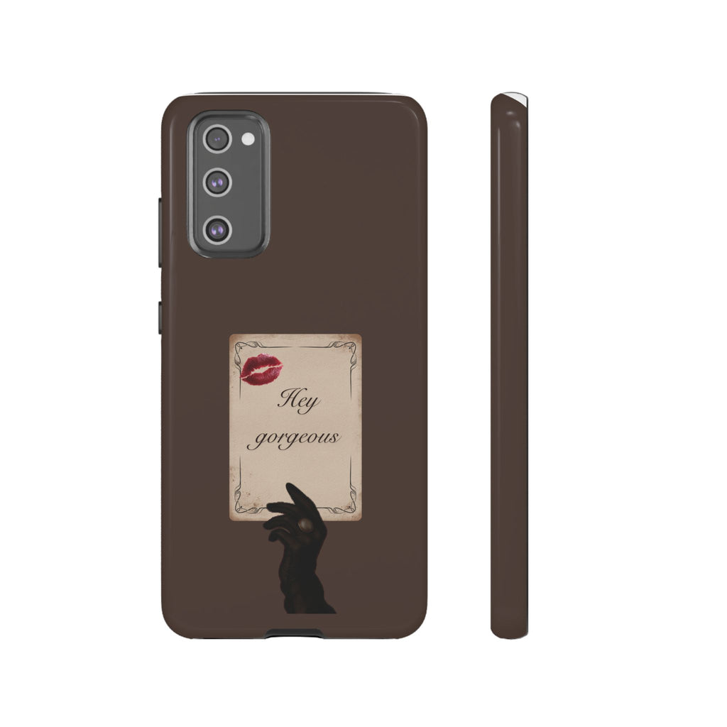 Hey Gorgeous Phone Case — Brown Lip Print & Shadow Hand Protective Cover