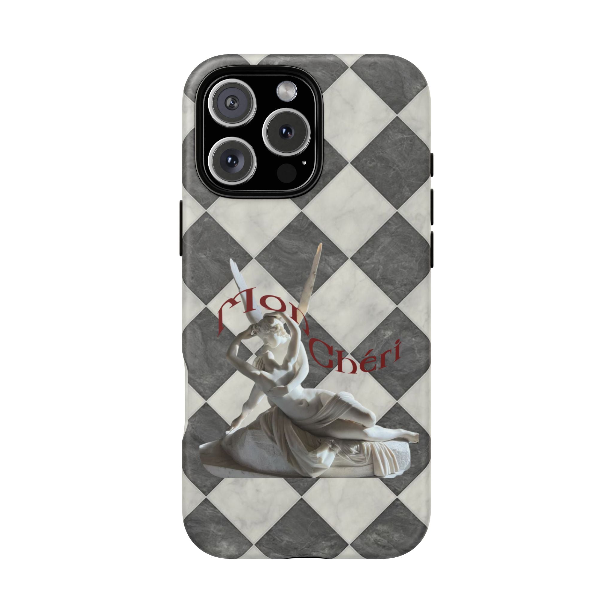 Phone Case — Vintage Harlequin Design with 'Mon Cheri' Statue Accent