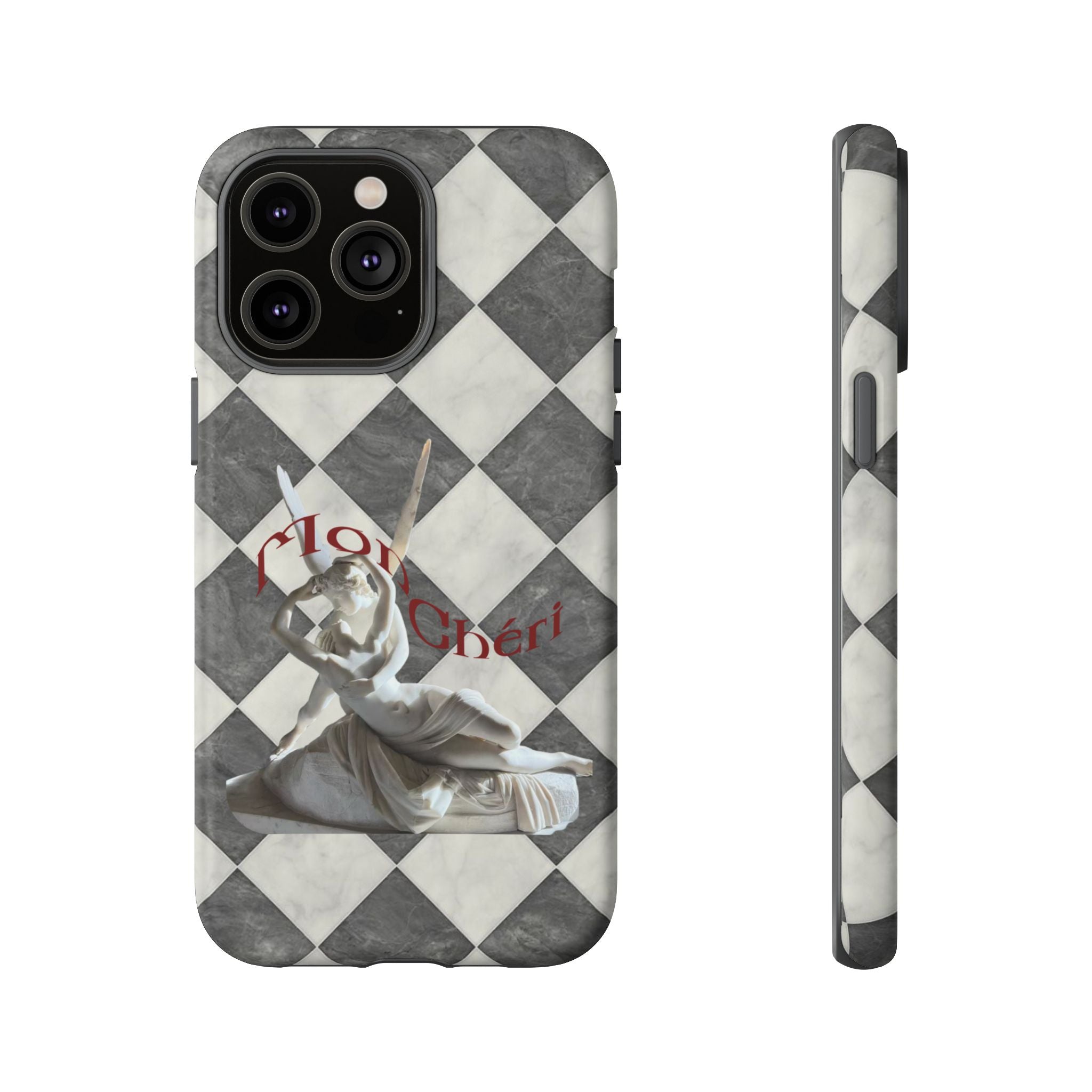 Phone Case — Vintage Harlequin Design with 'Mon Cheri' Statue Accent