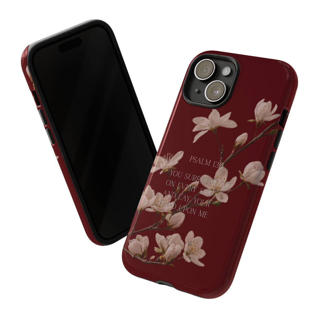 Floral Psalm Tough Phone Case — Burgundy Magnolia Branch with Psalm 139 Verse