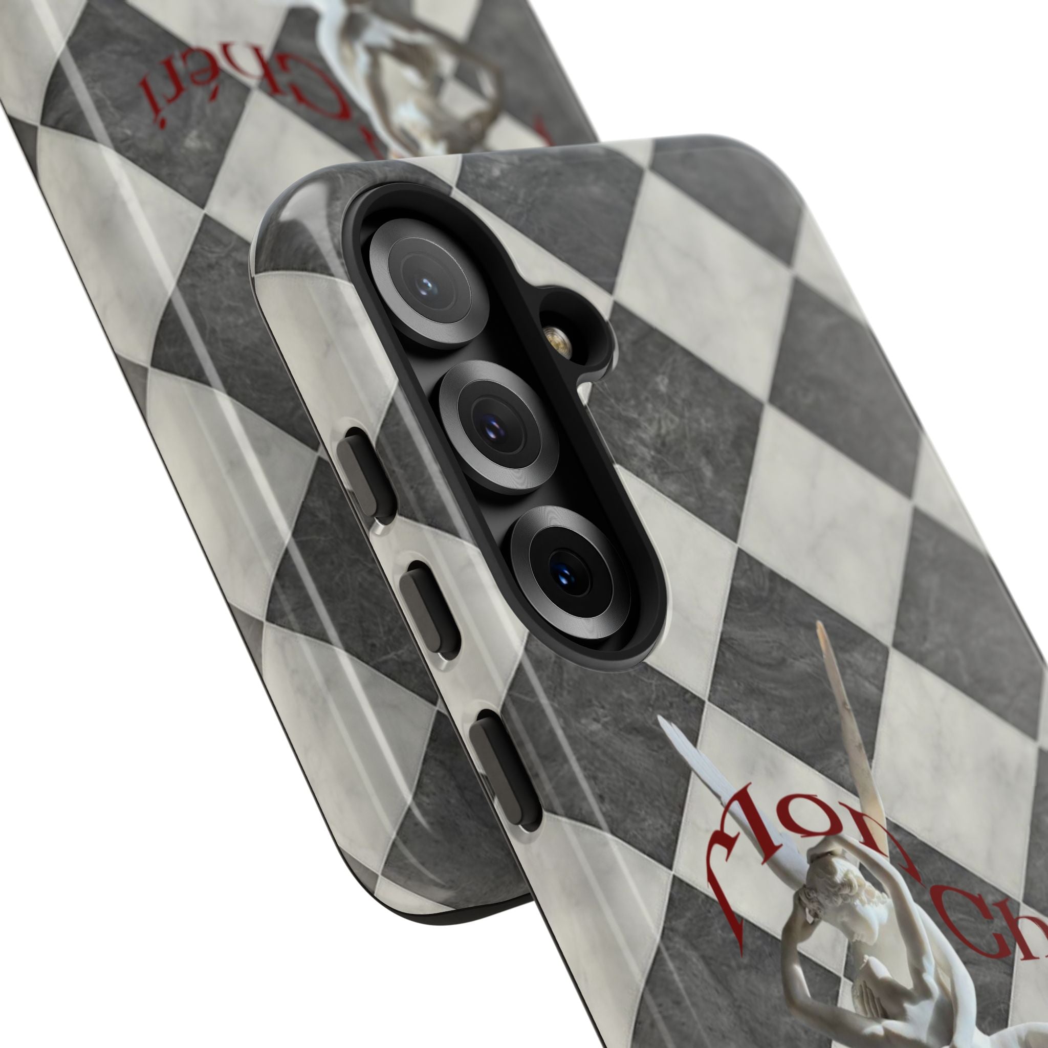 Phone Case — Vintage Harlequin Design with 'Mon Cheri' Statue Accent