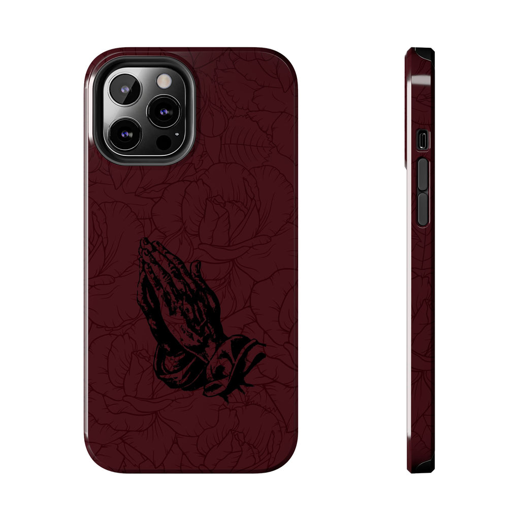 Burgundy Praying Hands Tough Phone Case – Floral Background, Religious Protective Cover