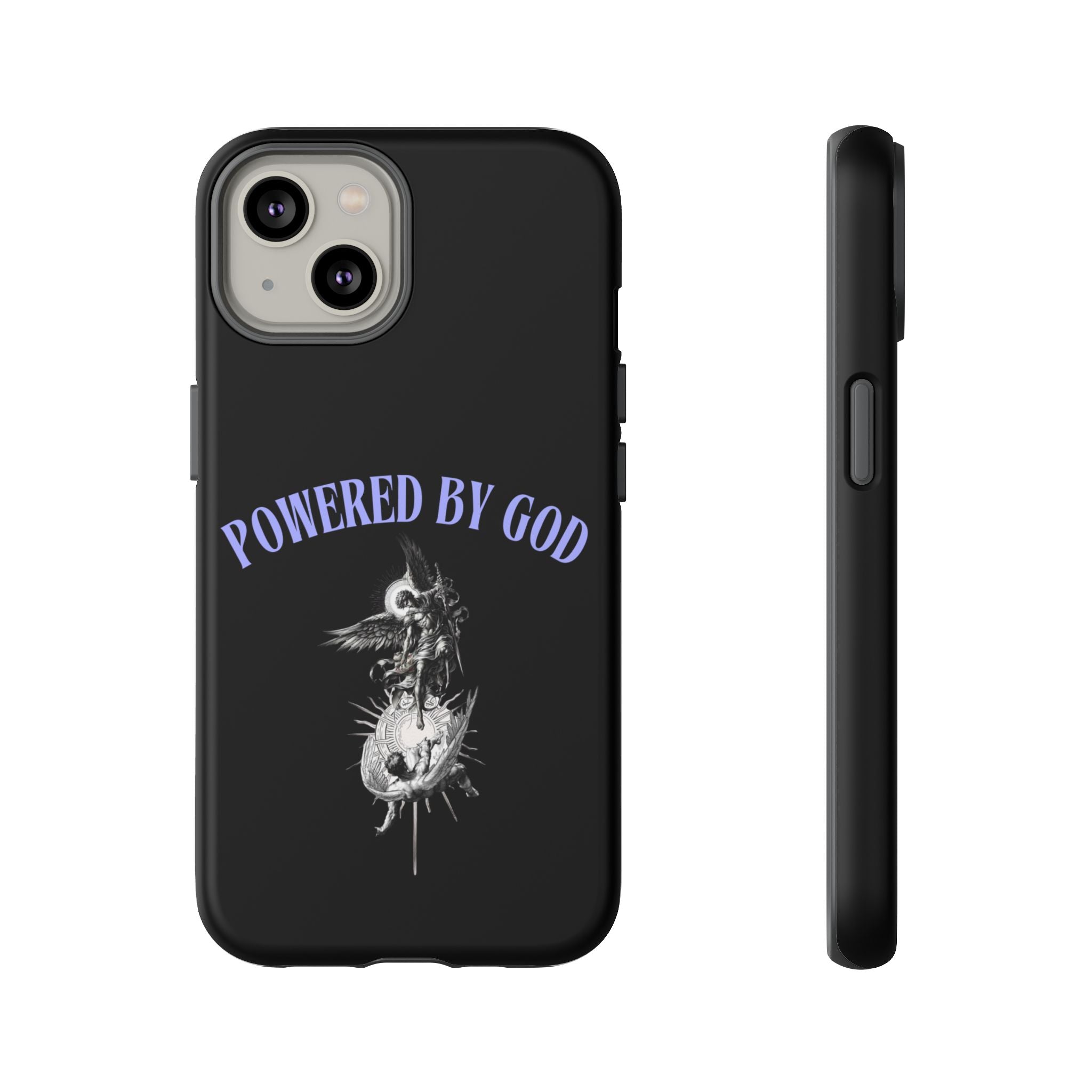 Phone Case — "Powered by God" Black Protective Case with Angelic Skull Design