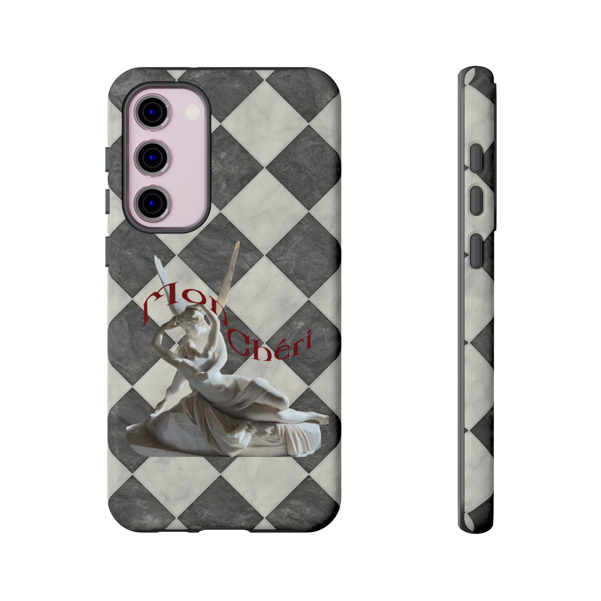 Phone Case — Vintage Harlequin Design with 'Mon Cheri' Statue Accent