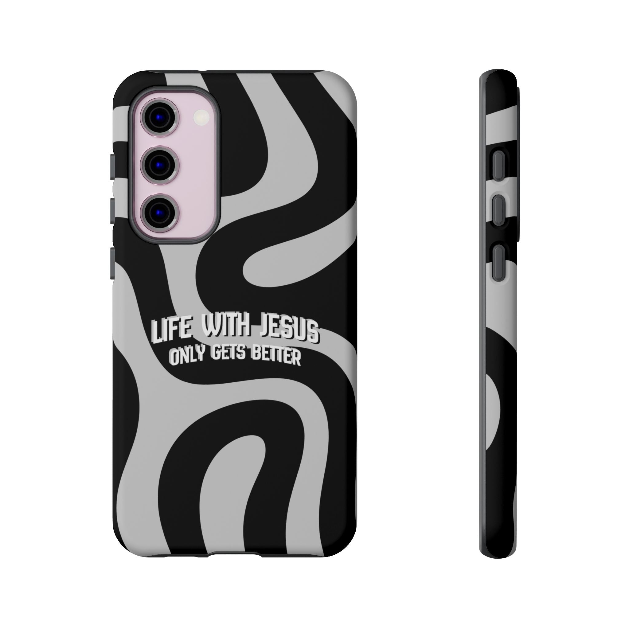 Christian iPhone Tough Case — "Life With Jesus Only Gets Better" Black & White Swirl Design